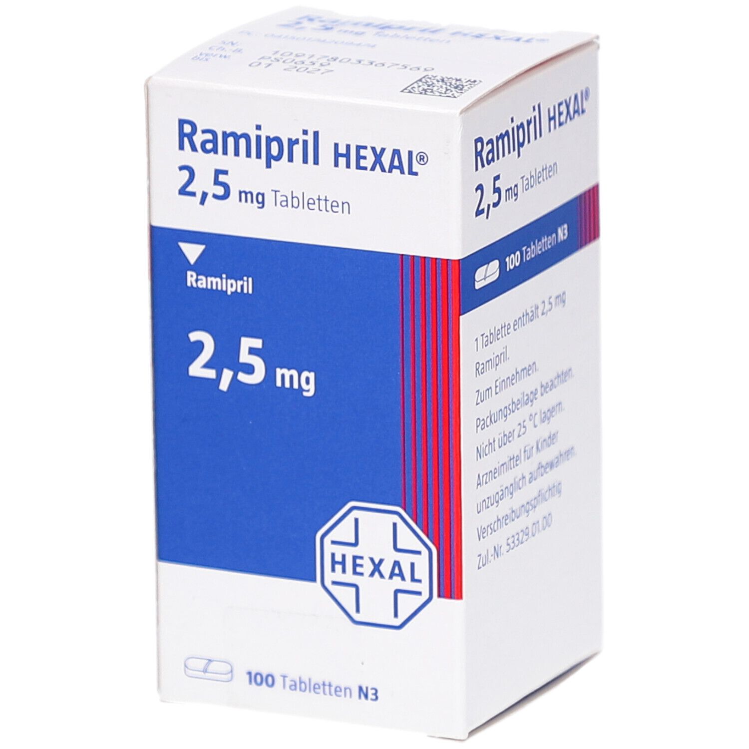 Schachtel mit Ramipril HEXAL 2,5 mg Tabletten. Aufschrift: 2,5 mg Tabletten, 100 Tabletten N3. HEXAL Logo.