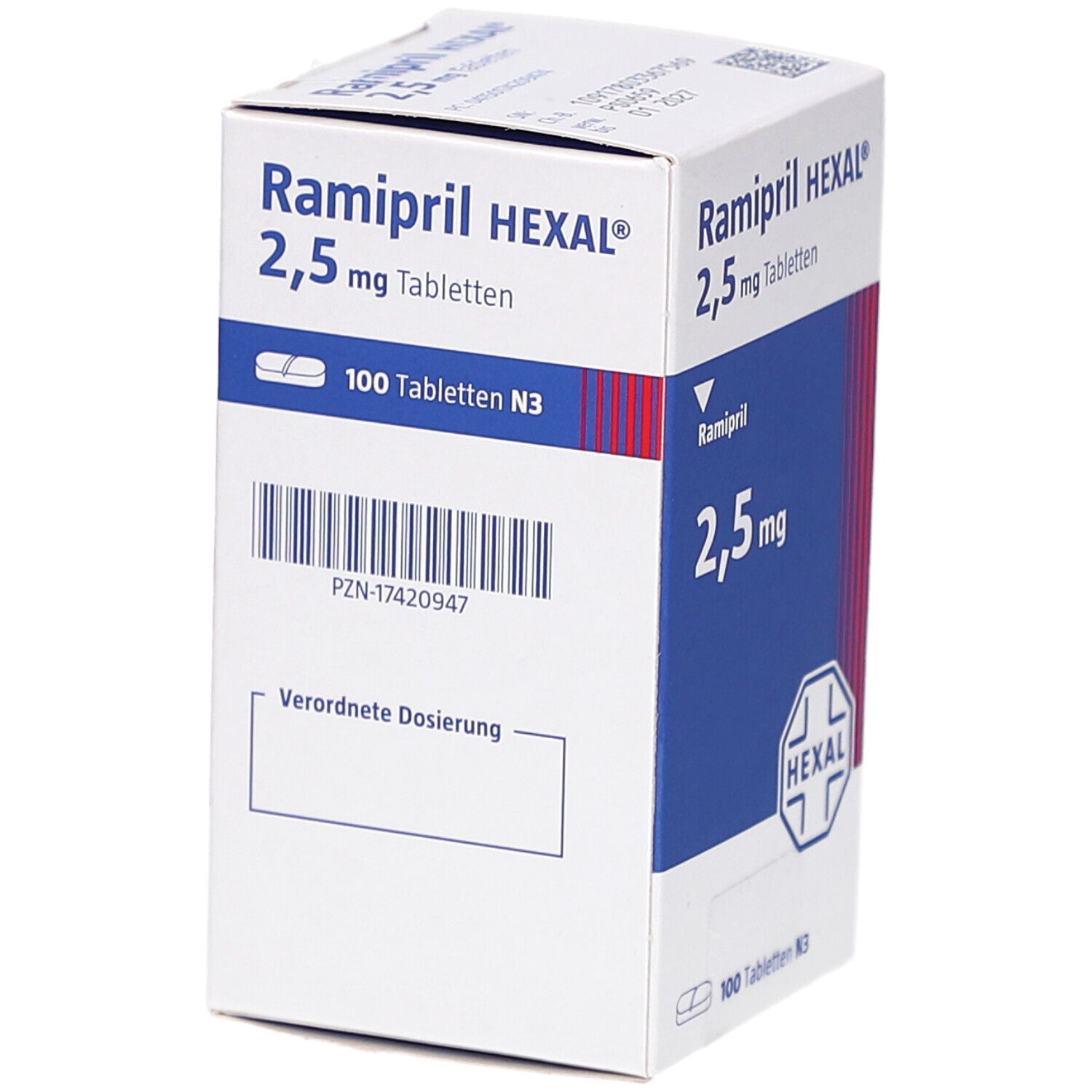 Schachtel mit Ramipril HEXAL 2,5 mg Tabletten. Aufschrift: 2,5 mg Tabletten, 100 Tabletten N3. Barcode und Feld für Dosierung.