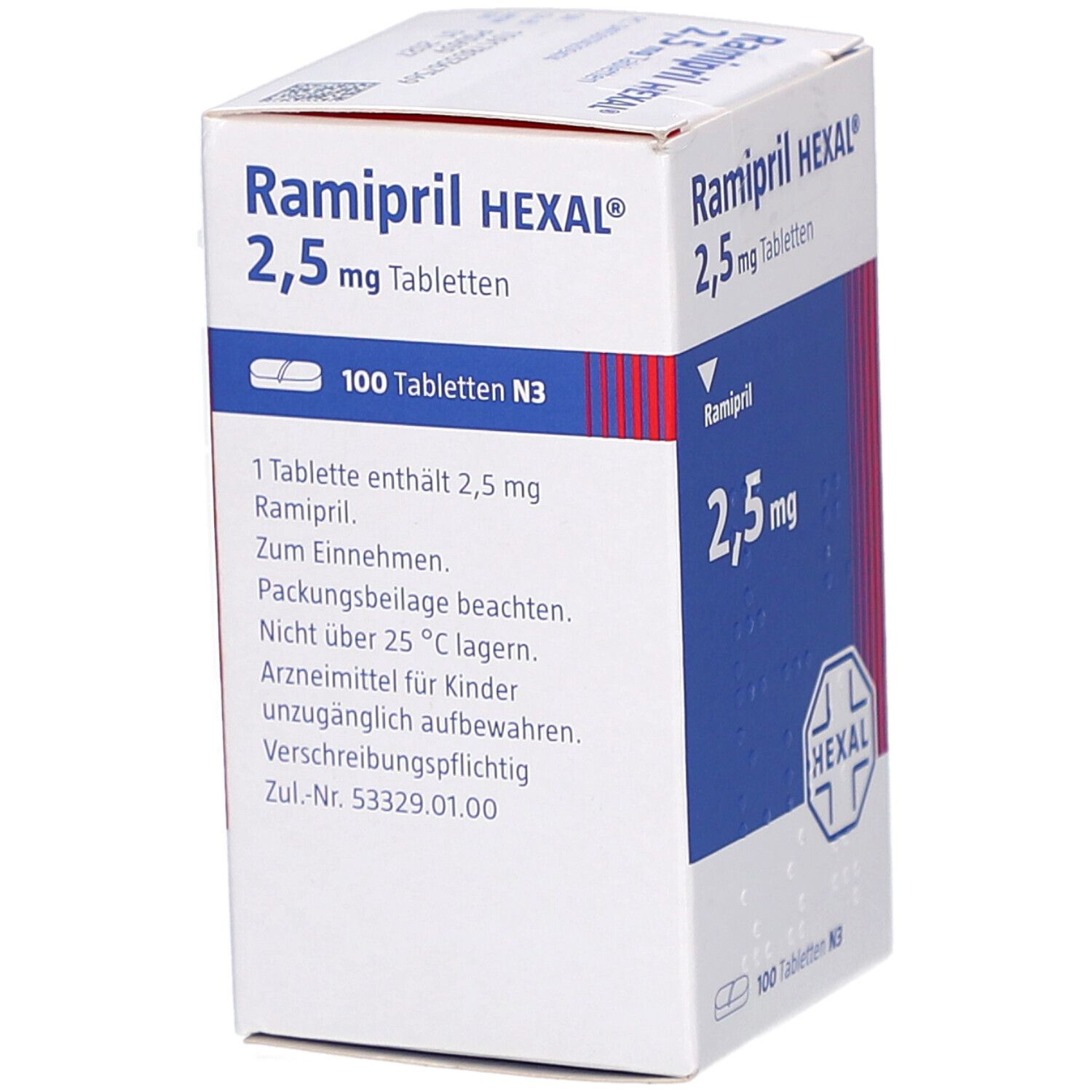 Tablettenschachtel. Aufschrift: Ramipril HEXAL 2,5 mg Tabletten. 100 Tabletten. Text und HEXAL Logo.