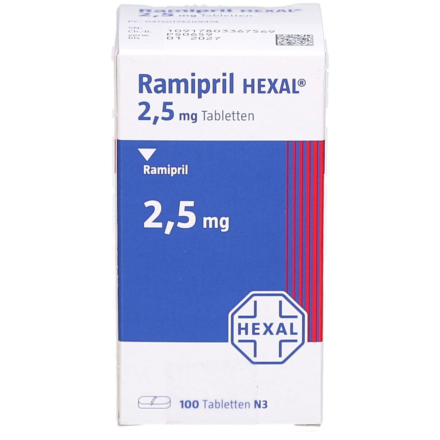 Schachtel mit Ramipril HEXAL 2,5 mg Tabletten. Aufschrift: 2,5 mg Tabletten, 100 Tabletten N3. HEXAL Logo.