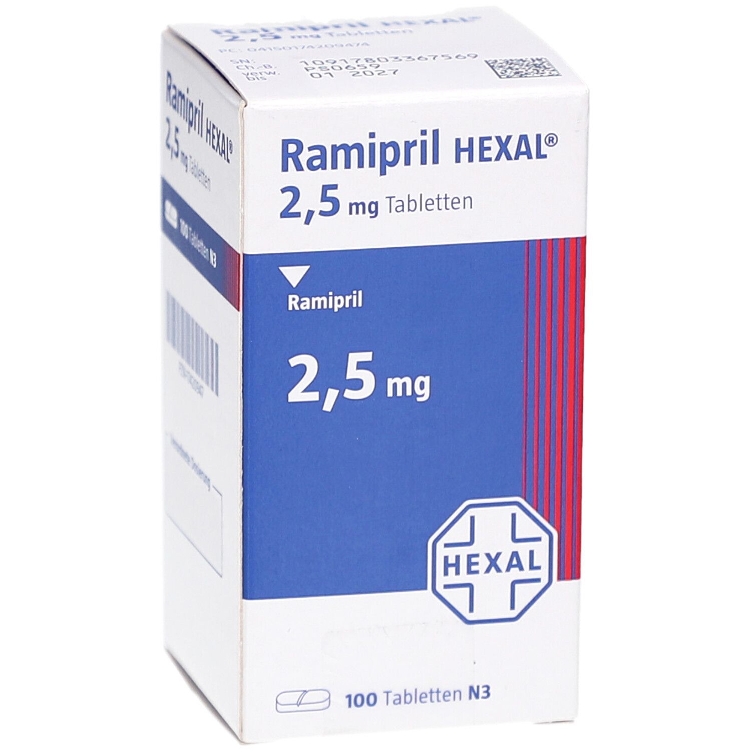 Schachtel mit Ramipril HEXAL 2,5 mg Tabletten. Aufschrift: 2,5 mg Tabletten, 100 Tabletten N3. HEXAL Logo.