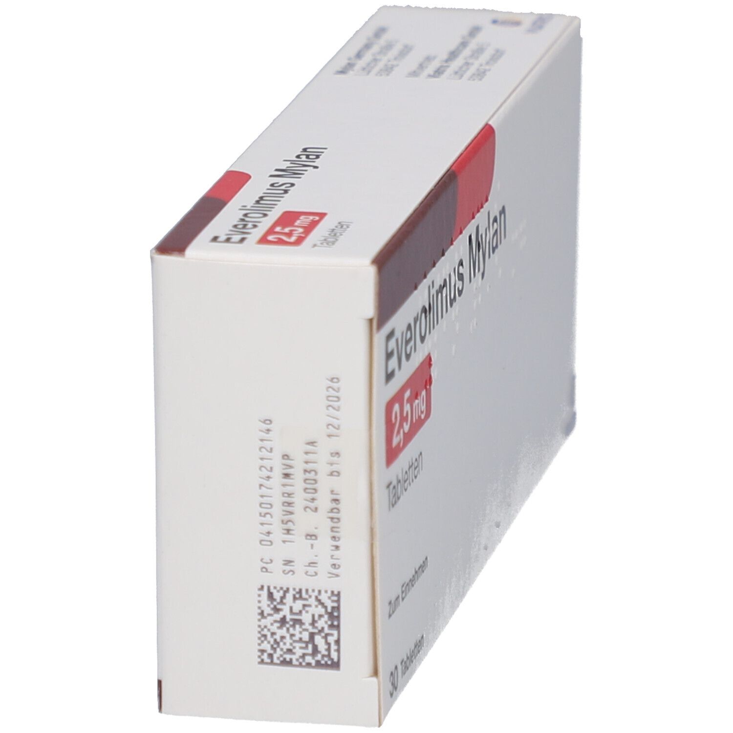 Schachtel EVEROLIMUS Mylan 2,5 mg Tabletten. Seitenansicht. Weiß mit rotbraunen Akzenten. Barcode und Chargennummer.