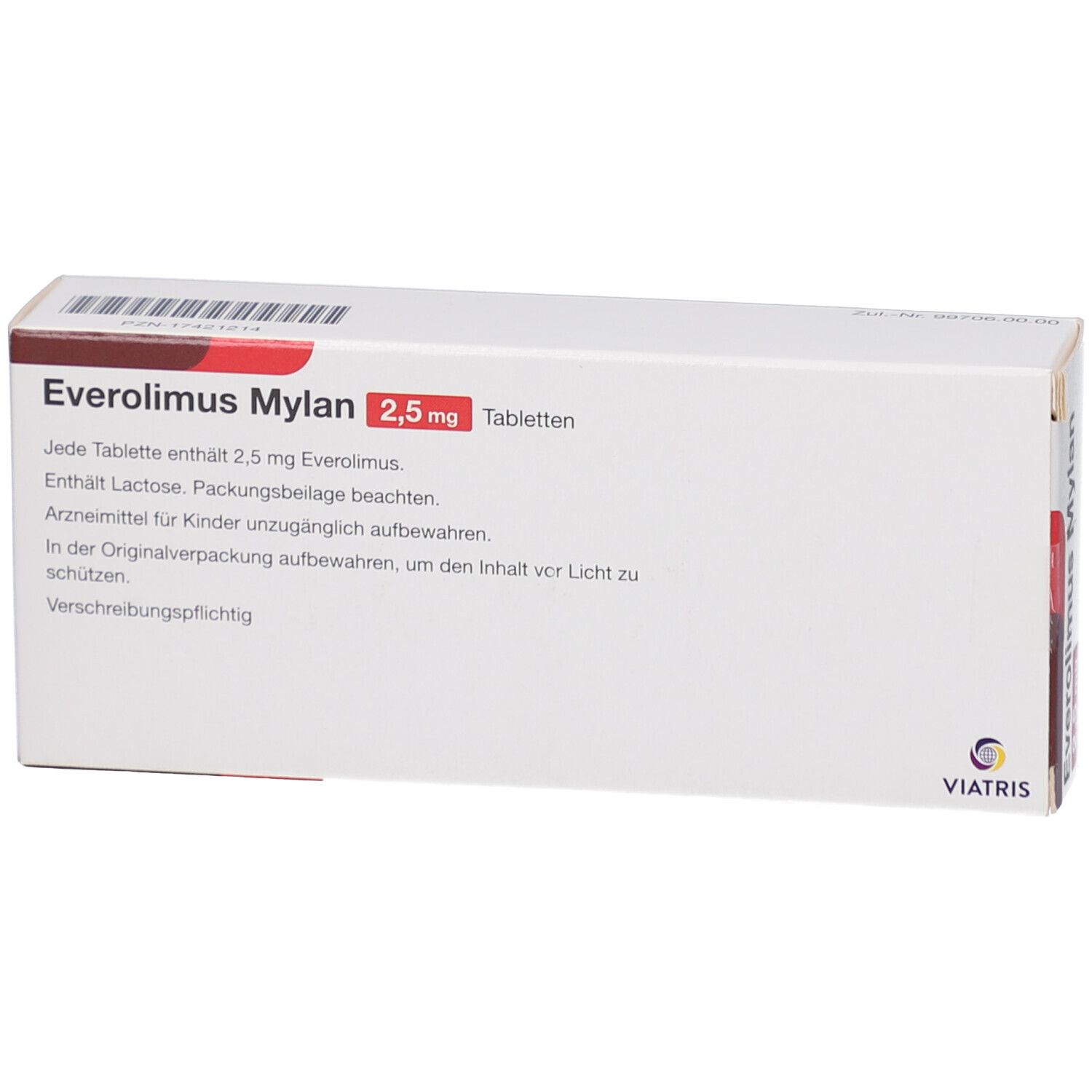 Schachtel EVEROLIMUS Mylan 2,5 mg Tabletten. Weiß mit rotem Streifen. Text: 2,5 mg, Tabletten. Enthält 2,5 mg Everolimus.