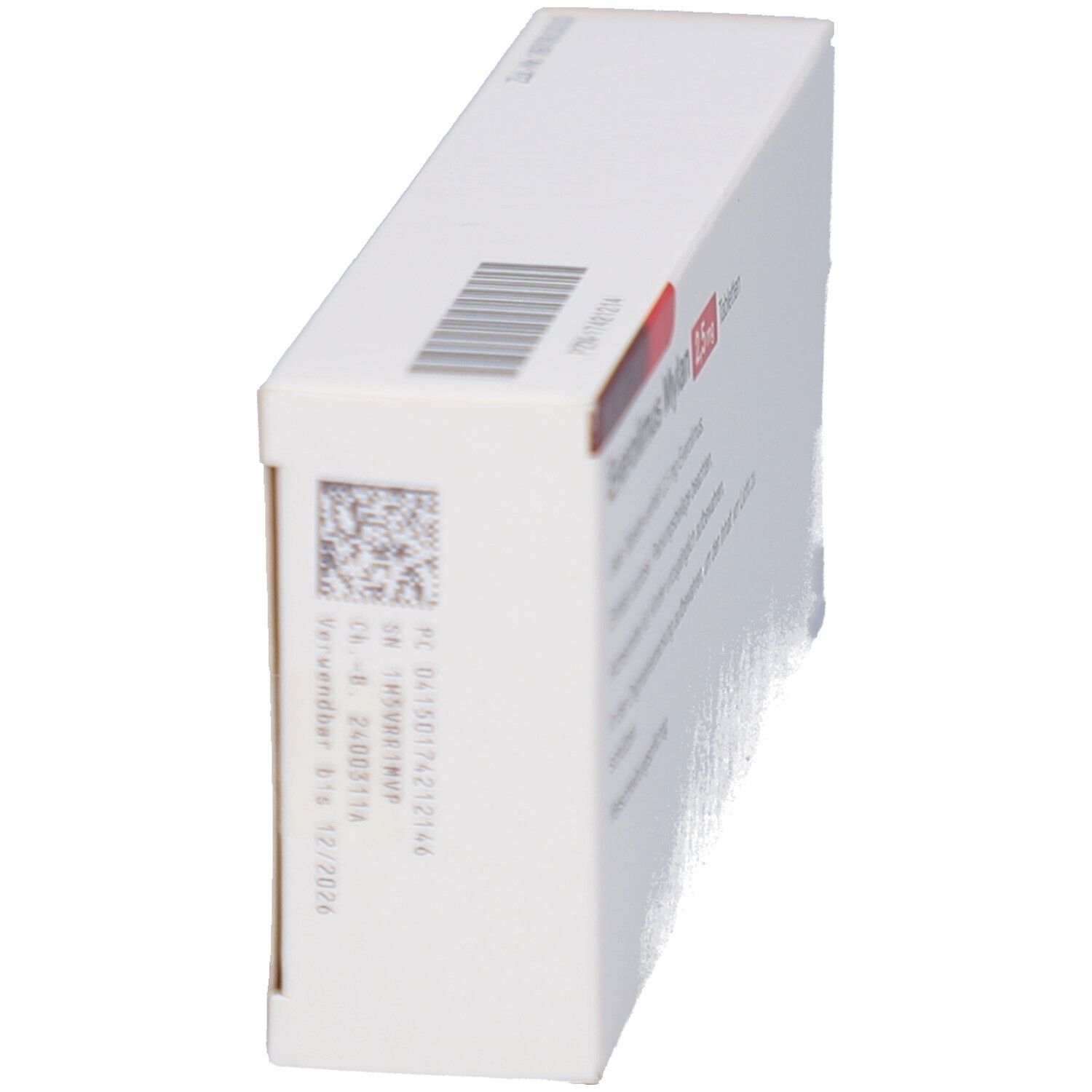 Schachtel EVEROLIMUS Mylan 2,5 mg Tabletten. Seitenansicht. Weiß mit Barcode und Chargennummer. Haltbarkeit bis 12/2026.