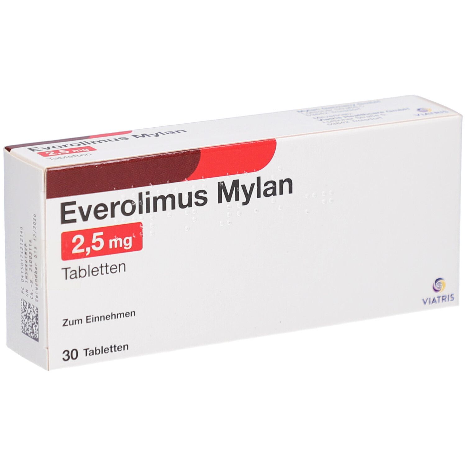Schachtel EVEROLIMUS Mylan 2,5 mg Tabletten. Weiß mit rotem Streifen. Aufschrift: 2,5 mg, Tabletten. Viatris Logo.