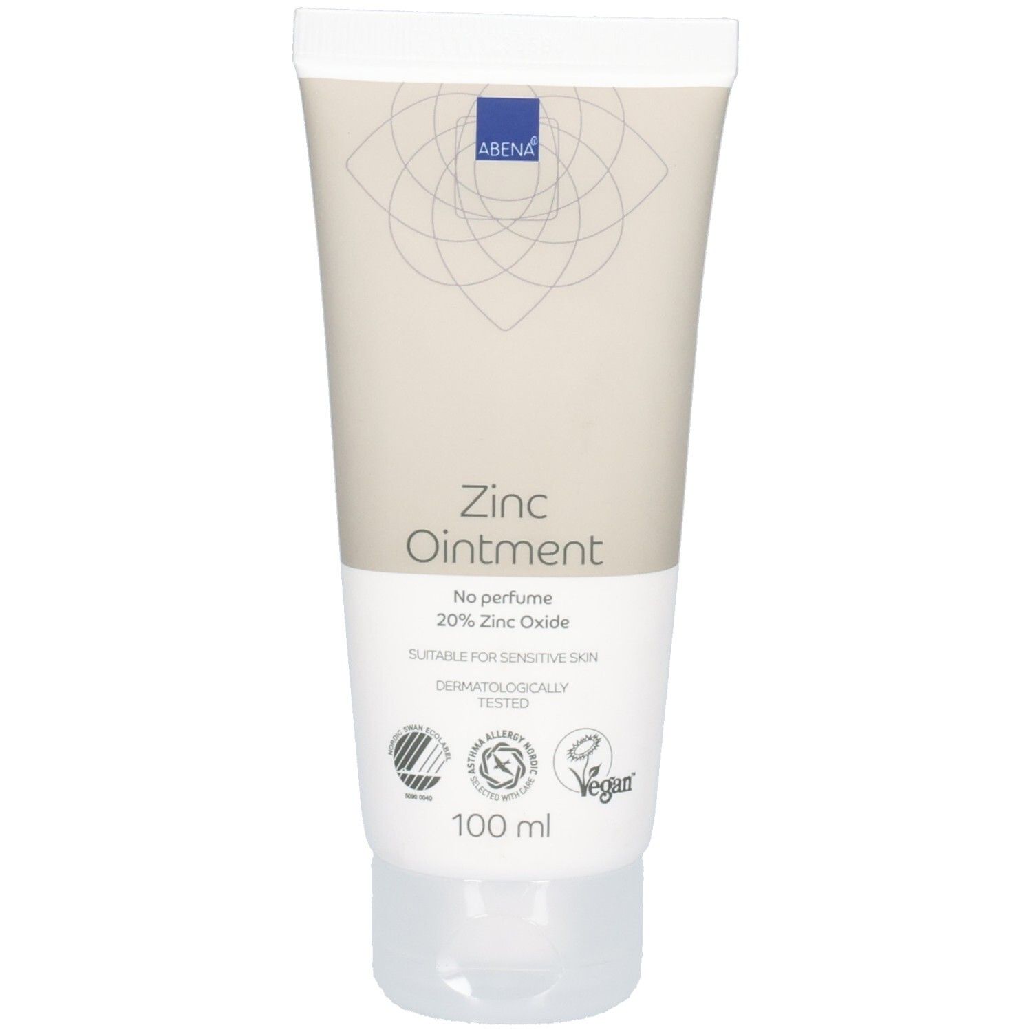 Creme-Tube mit ABENA-Logo und Aufschrift "Zinc Ointment". Enthält 20% Zinkoxid. Dermatologisch getestet. Vegan.