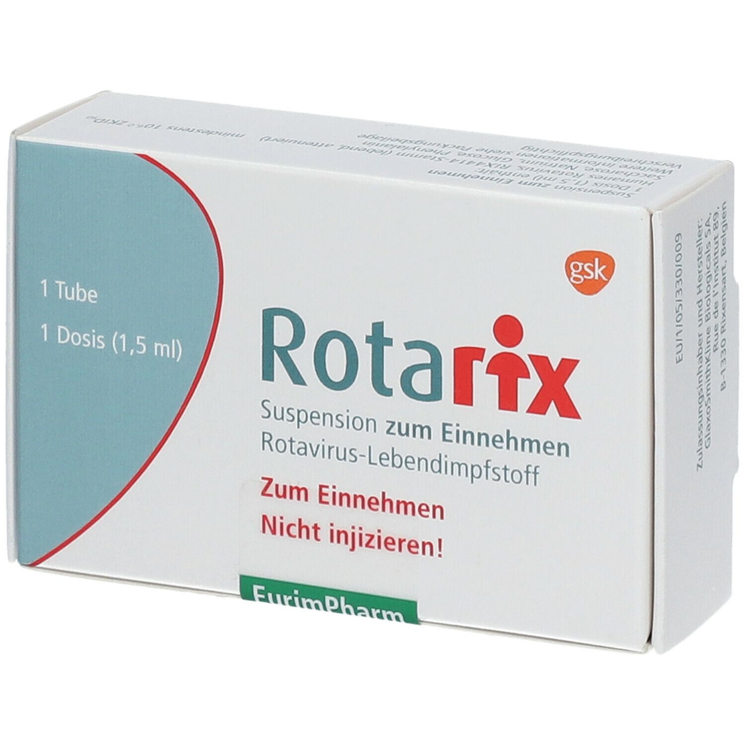 Schachtel mit "Rotarix"-Aufdruck. Text: Suspension zum Einnehmen, Rotavirus-Lebendimpfstoff. 1 Tube, 1 Dosis (1,5 ml).