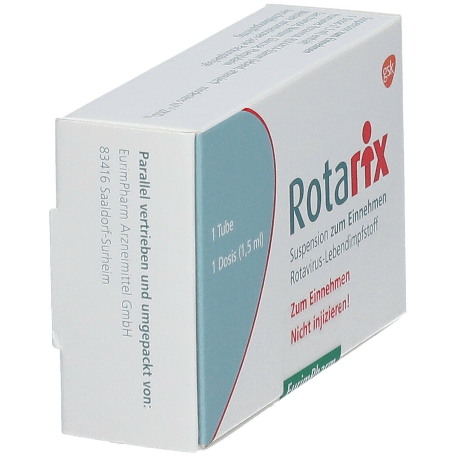 Schachtel "Rotarix" in Schrägansicht. Text: Suspension zum Einnehmen, Rotavirus-Lebendimpfstoff. 1 Tube, 1 Dosis (1,5 ml).