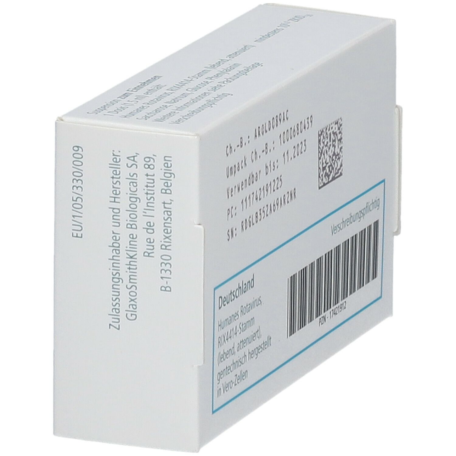 Seite der "Rotarix"-Schachtel. Text: Zulassungsinhaber und Hersteller: GlaxoSmithKline Biologicals SA, Rue de l'Institut 89, B-1330 Rixensart, Belgien.