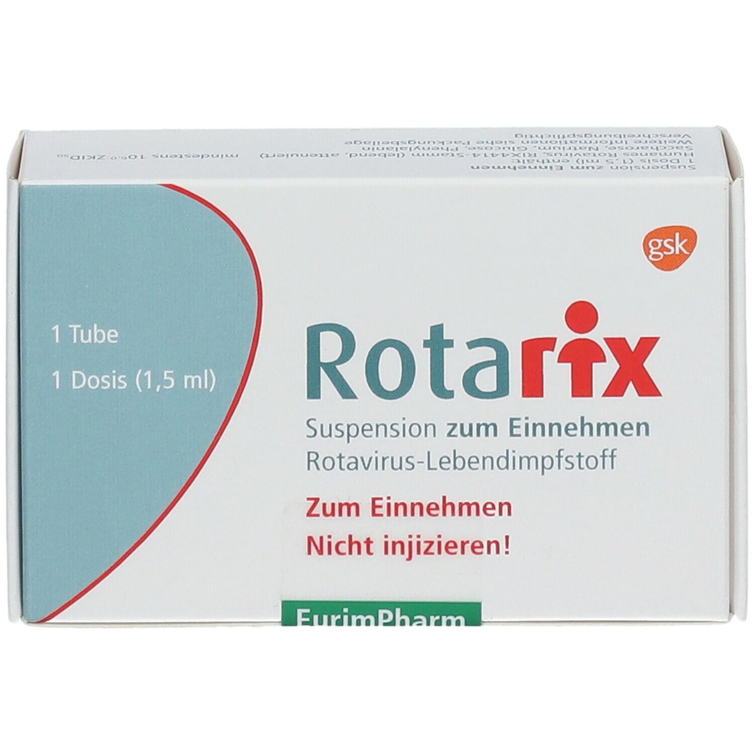 Schachtel "Rotarix". Text: Suspension zum Einnehmen, Rotavirus-Lebendimpfstoff. 1 Tube, 1 Dosis (1,5 ml).