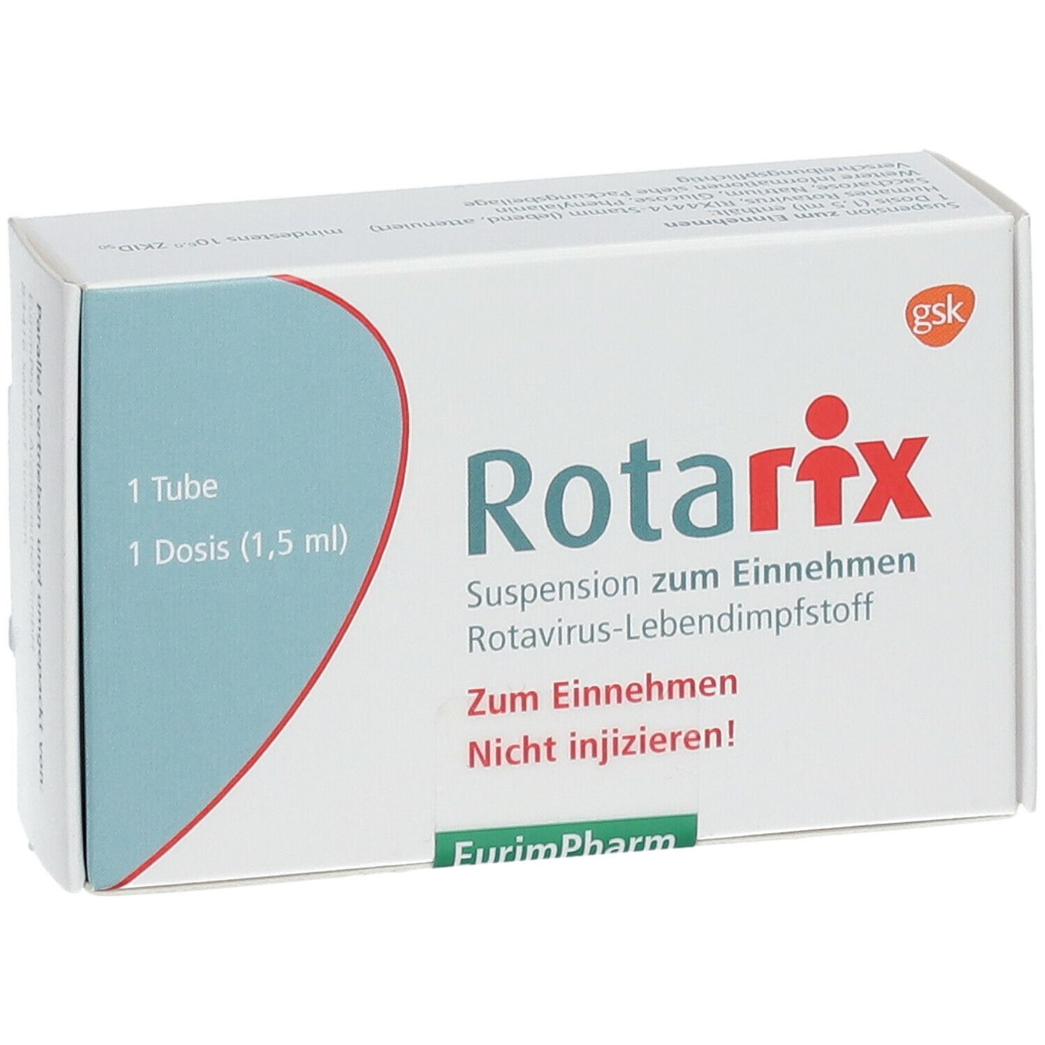 Schachtel "Rotarix". Text: Suspension zum Einnehmen, Rotavirus-Lebendimpfstoff. 1 Tube, 1 Dosis (1,5 ml).