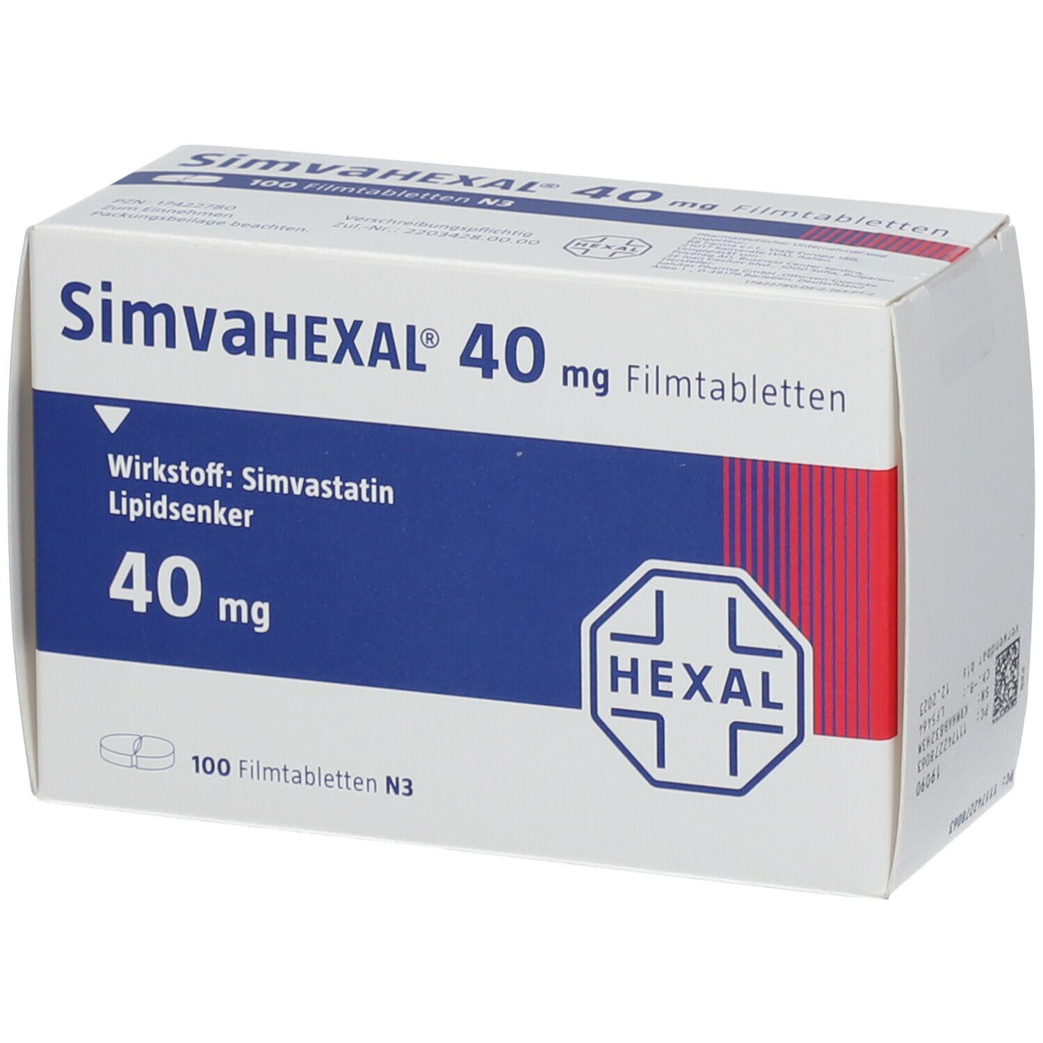 Schachtel SIMVAHEXAL 40 mg Filmtabletten. Blaue und weiße Verpackung. Enthält Wirkstoff Simvastatin. Hexal-Logo.