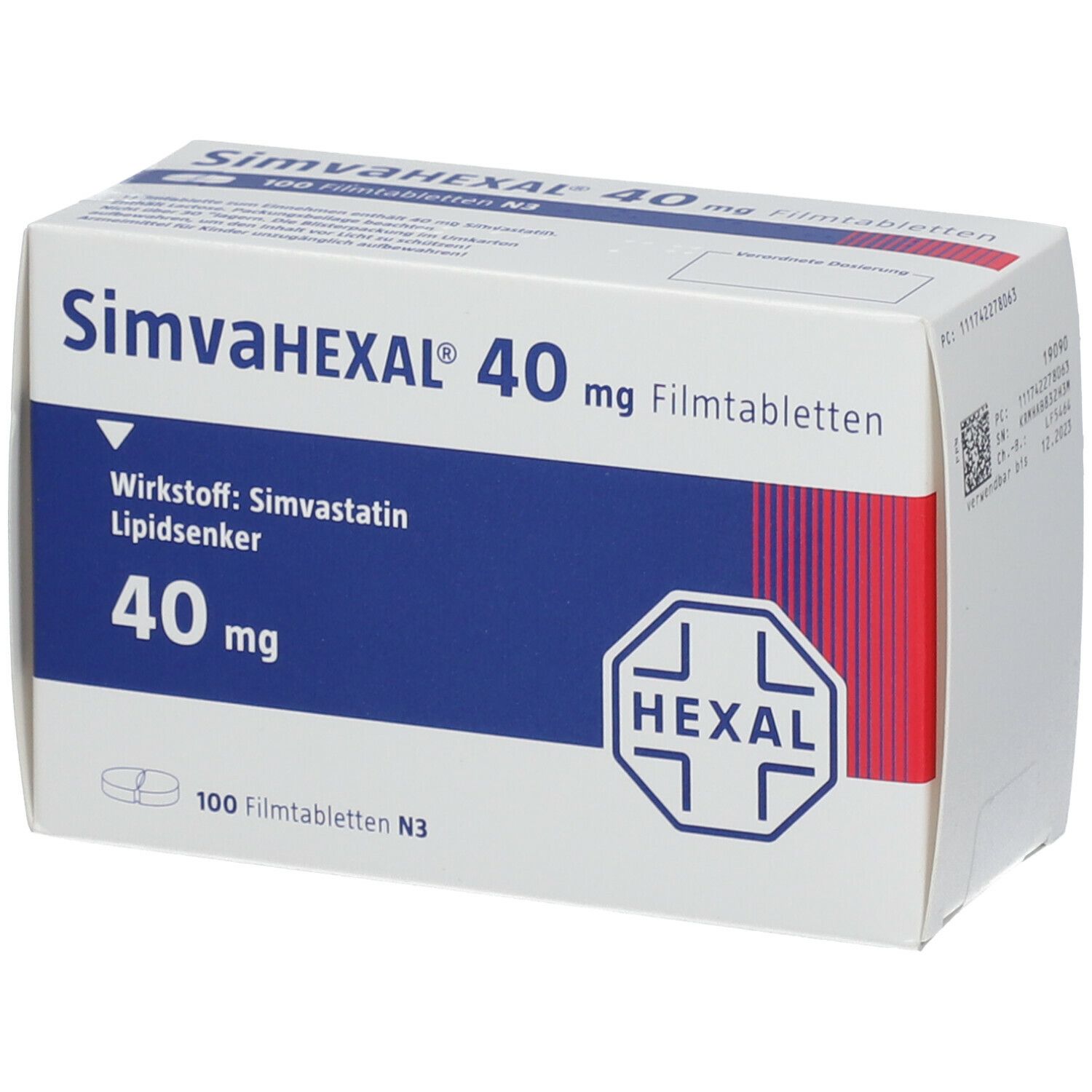 Schachtel SIMVAHEXAL 40 mg Filmtabletten. Blaue und weiße Verpackung. Enthält Wirkstoff Simvastatin. Hexal-Logo.
