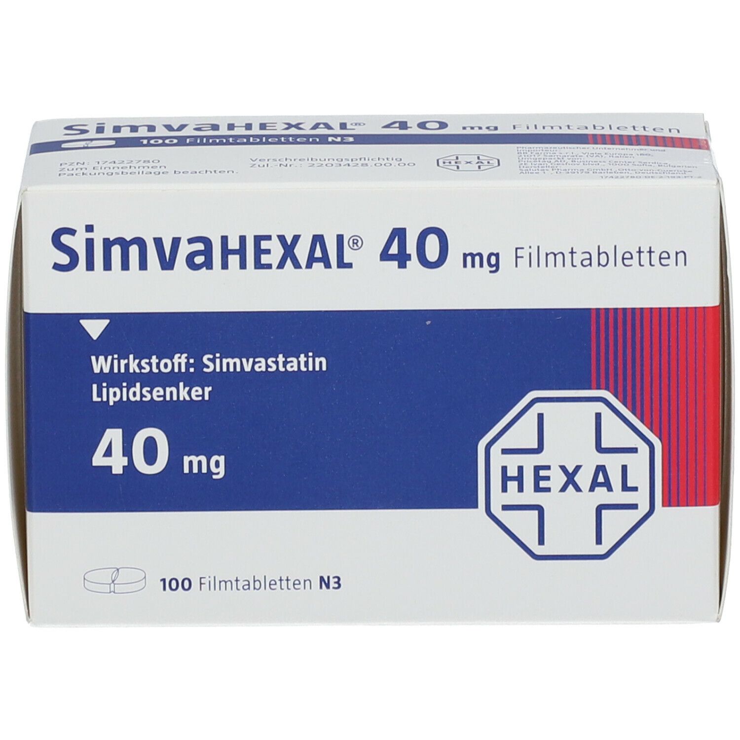 Schachtel SIMVAHEXAL 40 mg Filmtabletten. Blaue und weiße Verpackung. Enthält Wirkstoff Simvastatin. Hexal-Logo.