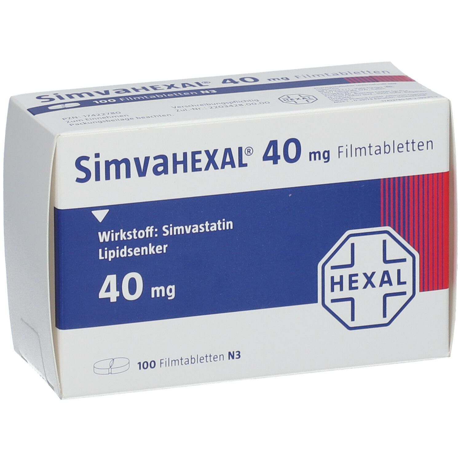 Schachtel SIMVAHEXAL 40 mg Filmtabletten. Blaue und weiße Verpackung. Enthält Wirkstoff Simvastatin. Hexal-Logo.