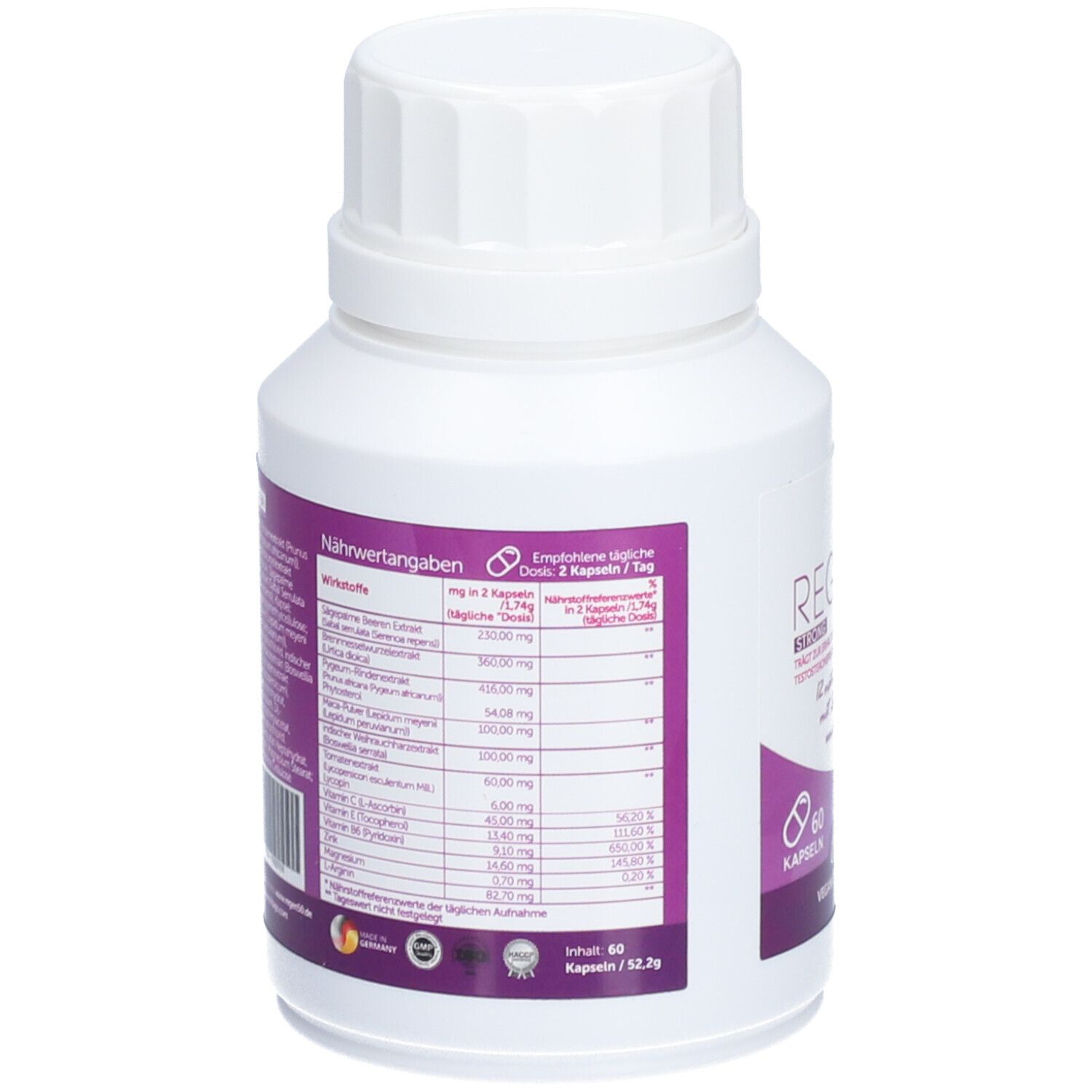 Rückseite der weißen Flasche. Enthält Nährwertangaben. Lila Etikett mit Inhaltsstoffen und Dosierung.