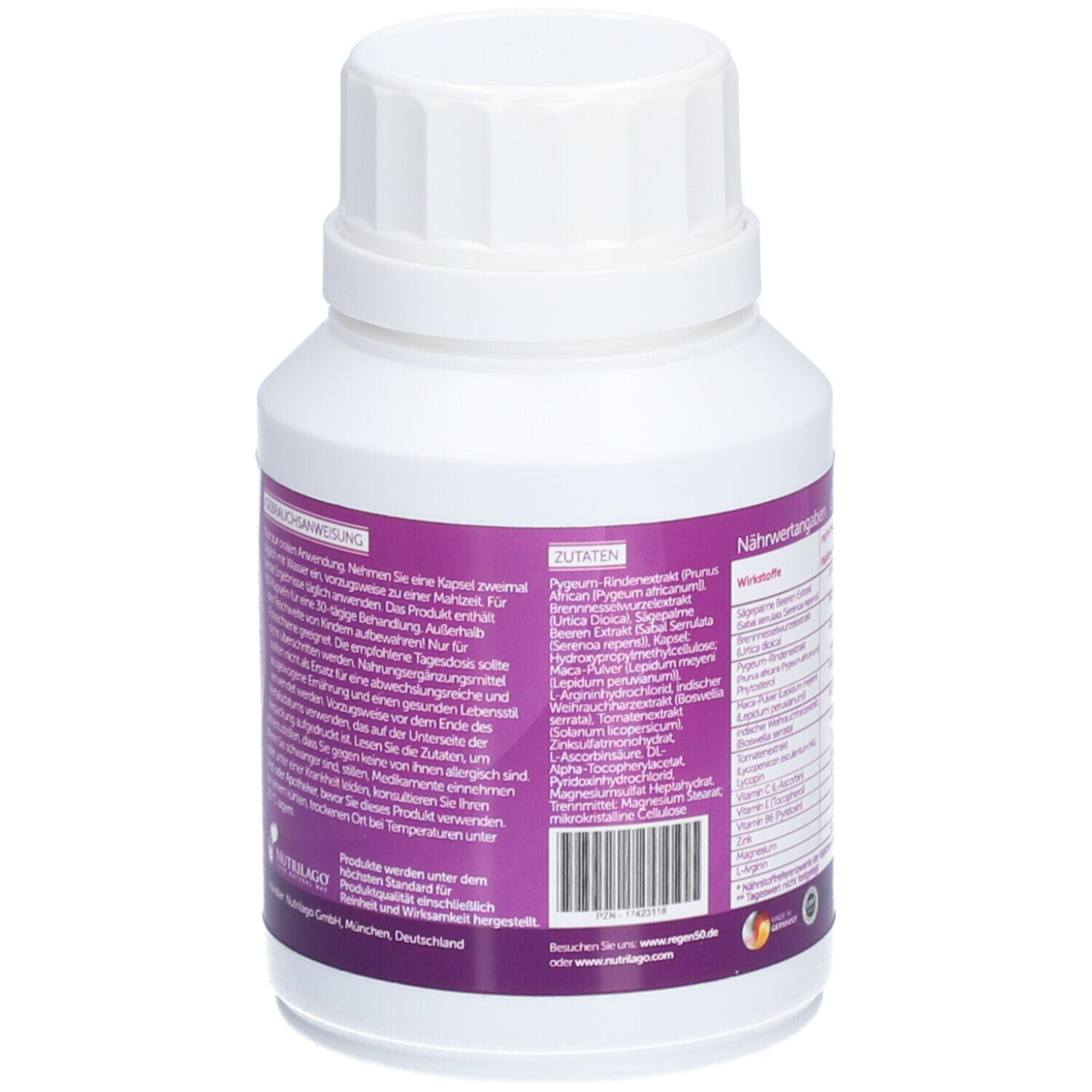 Rückseite der weißen Flasche. Enthält Zutaten und Anwendungshinweise. Lila Etikett mit Text.