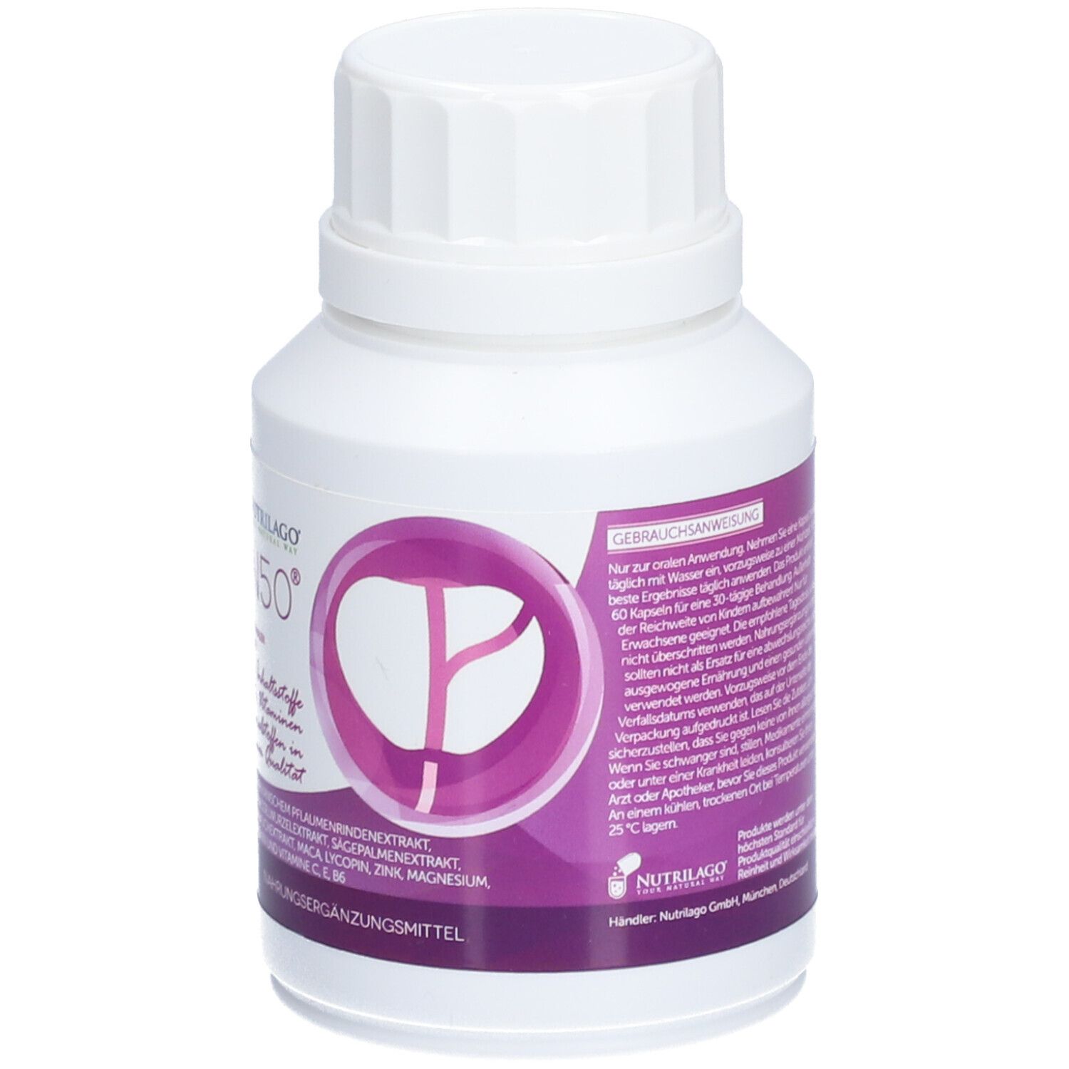 Rückseite der weißen Flasche. Lila Etikett mit Produktinformationen und Gebrauchsanweisung.