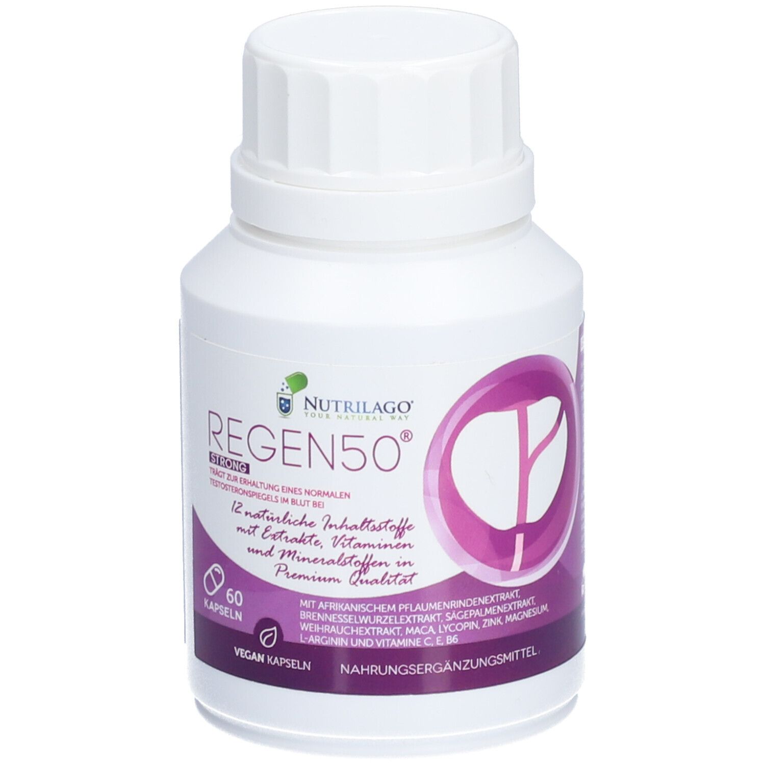 Weiße Flasche mit Kapseln. Aufschrift REGEN50 STRONG. Lila Etikett mit Produktinformationen.