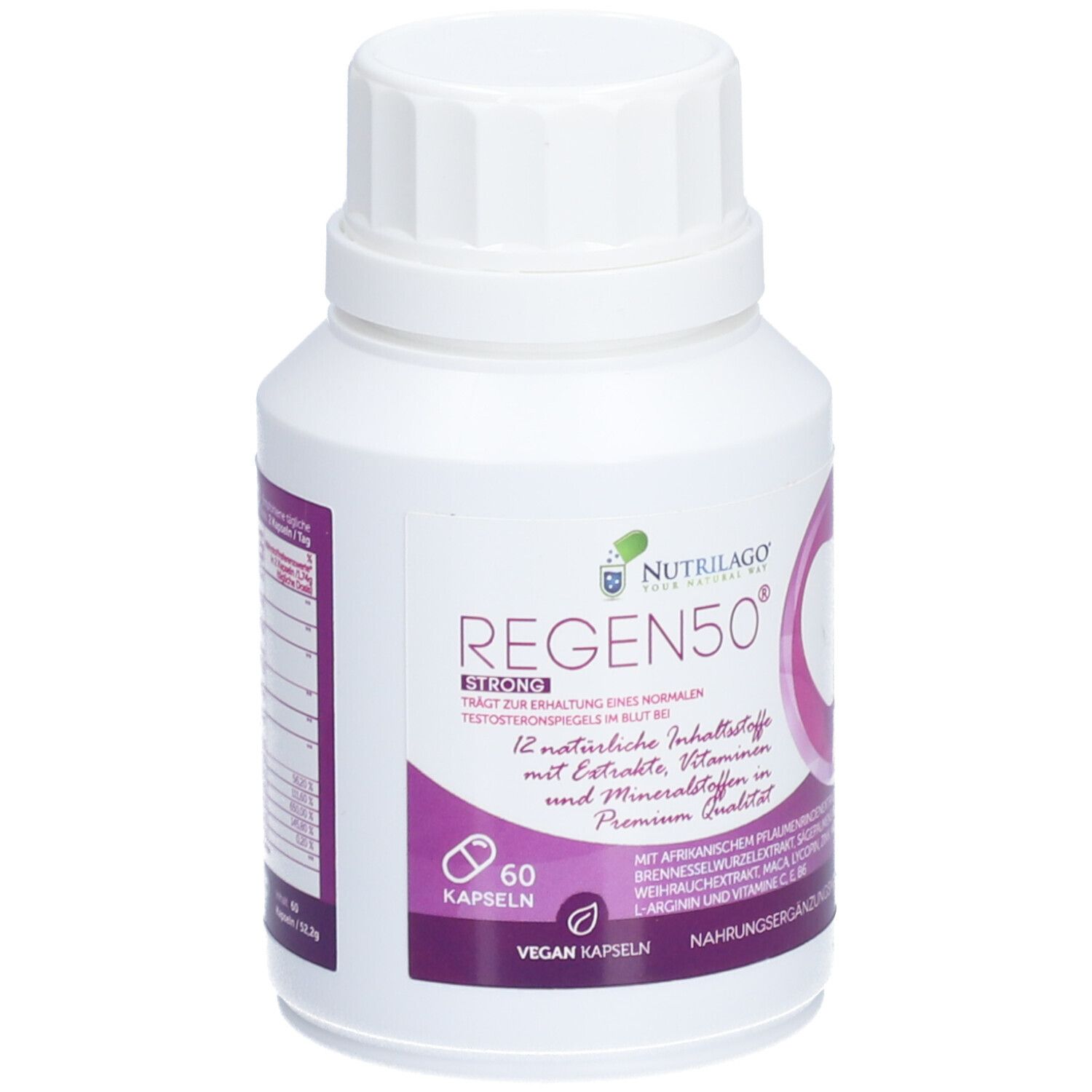 Weiße Flasche mit Kapseln. Aufschrift REGEN50 STRONG. Lila Etikett mit Produktinformationen.