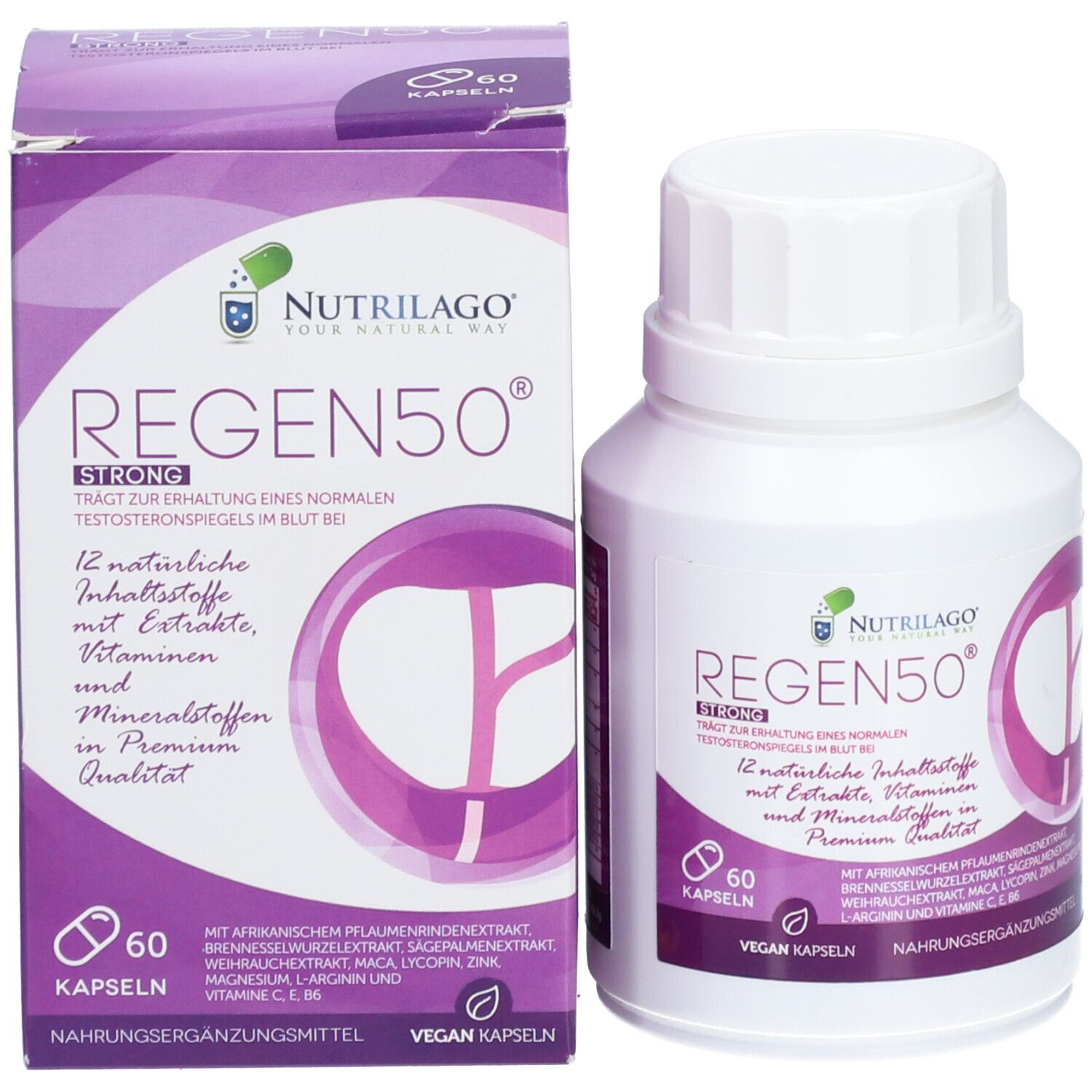 Produktverpackung mit Flasche und Schachtel. Aufschrift REGEN50 STRONG. Lila Etikett mit Text.