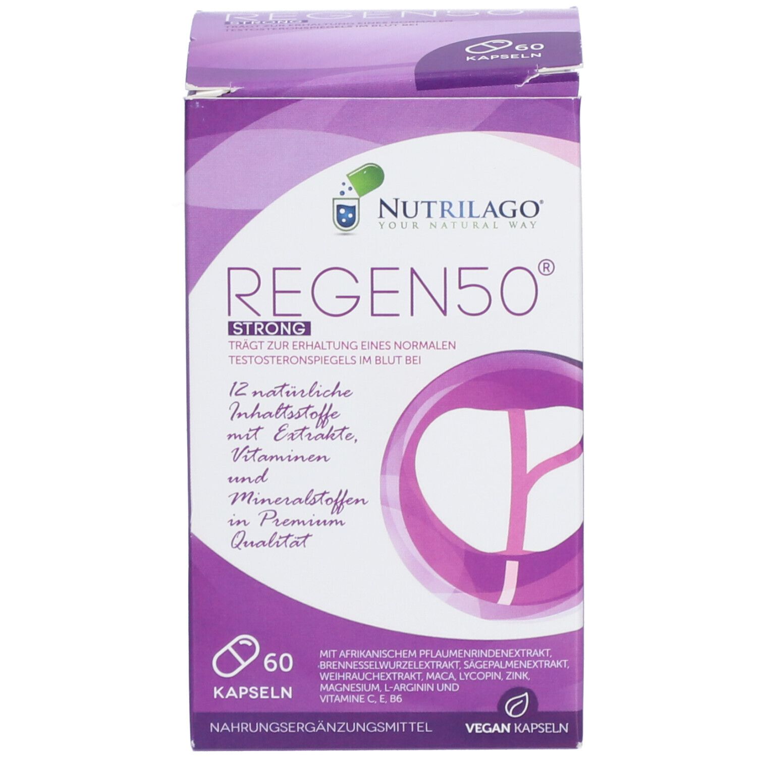 Produktverpackung. Aufschrift REGEN50 STRONG. Lila Etikett mit Produktinformationen und Text.