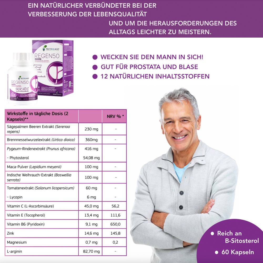 Nutrilago® REGEN50 STRONG -PROSTATA, MÄNNERGESUNDHEIT, LIBIDO, Komplex-Reich an Beta-Sitosterol uvm.