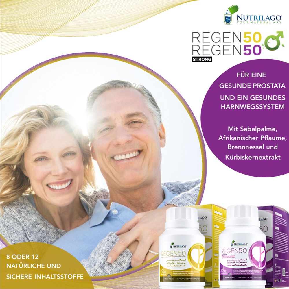 Werbung mit Mann und Frau. REGEN50, Flaschen und Schachteln. 8 oder 12 natürliche Inhaltsstoffe.