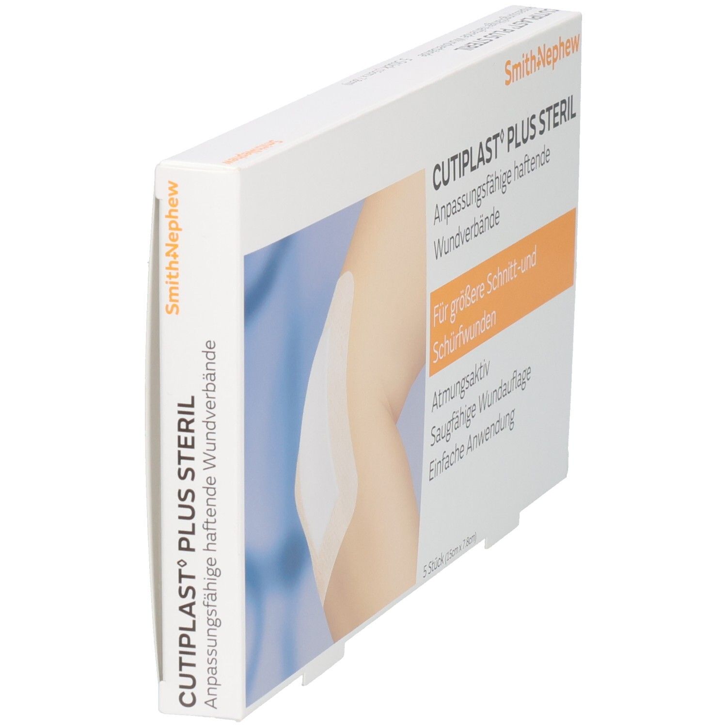 Schräg gestellte Verpackung mit Verbandsmaterial. Aufdruck: CUTIPLAST Plus steril, Smith+Nephew. Darstellung eines Knies mit Verband.