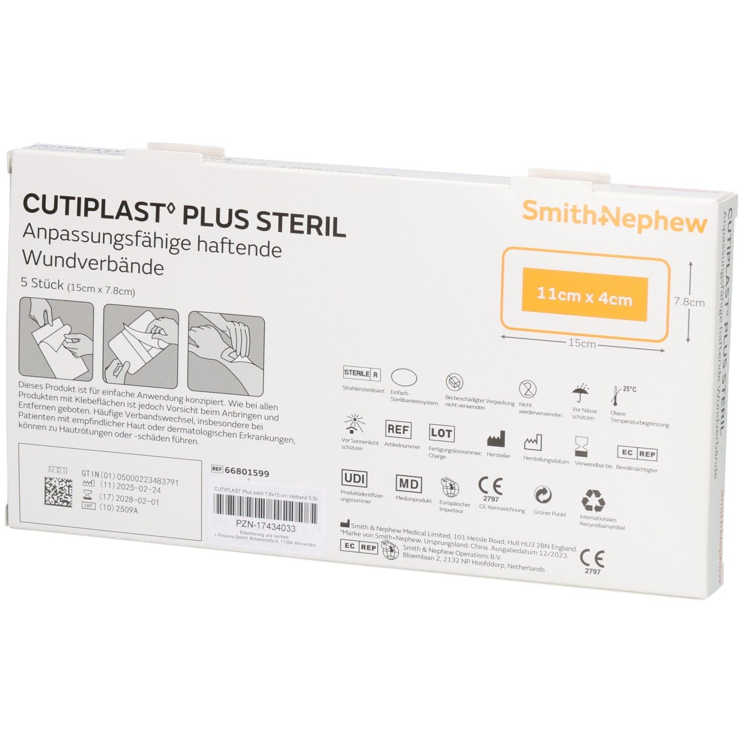 Rückseite der Verpackung mit Verbandsmaterial. Aufdruck: CUTIPLAST Plus steril, Smith+Nephew. Produktinformationen und Symbole.