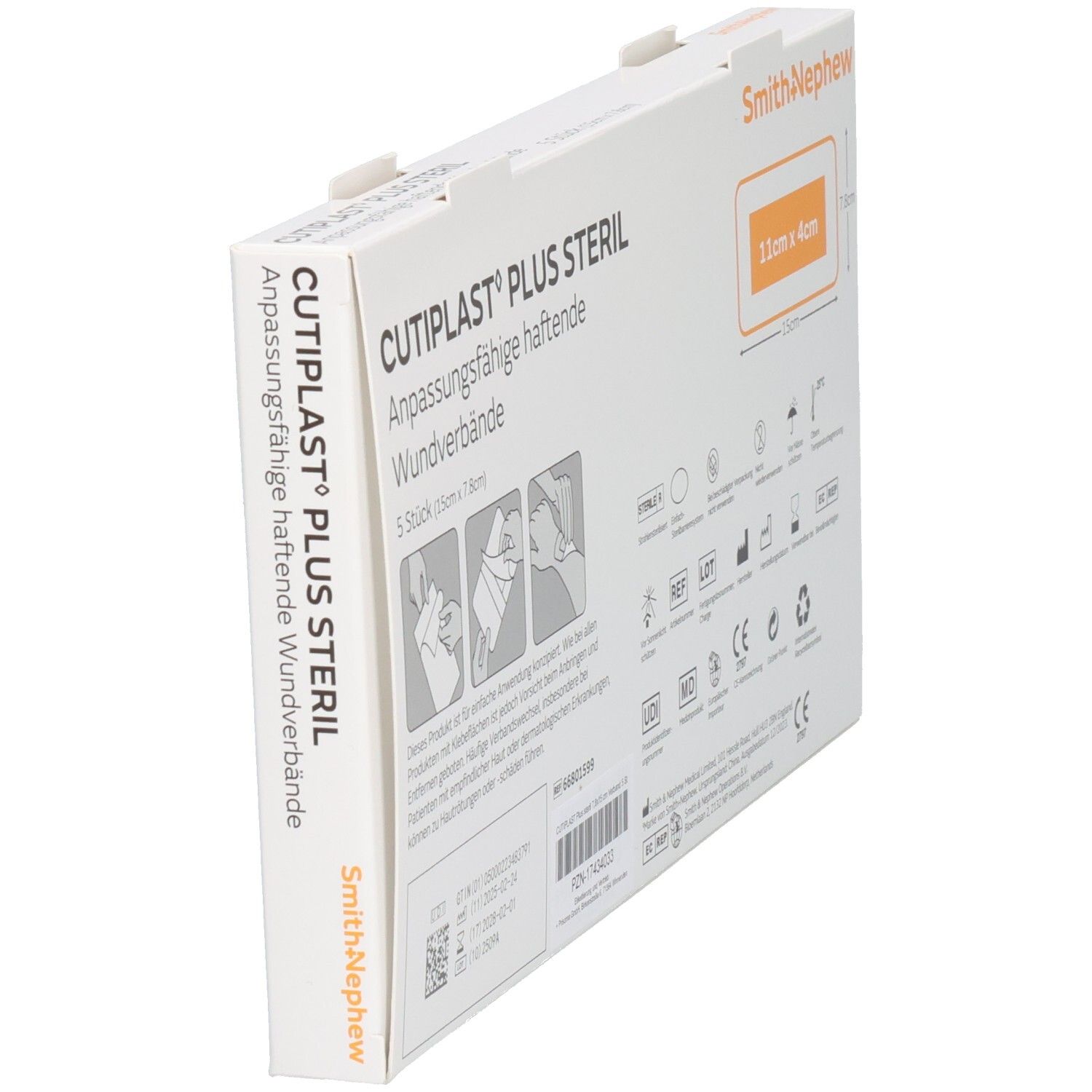 Schräg gestellte Rückseite der Verpackung mit Verbandsmaterial. Aufdruck: CUTIPLAST Plus steril, Smith+Nephew. Produktinformationen.
