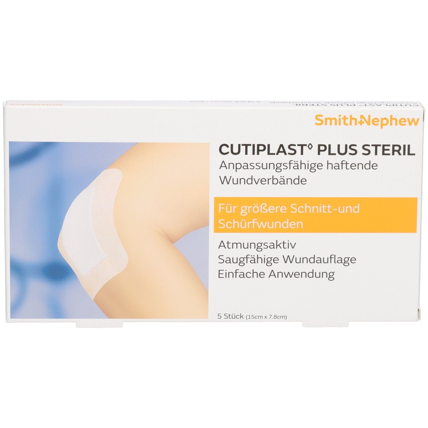 Verpackung mit Verbandsmaterial. Aufdruck: CUTIPLAST Plus steril, Smith+Nephew. Darstellung eines Knies mit Verband.