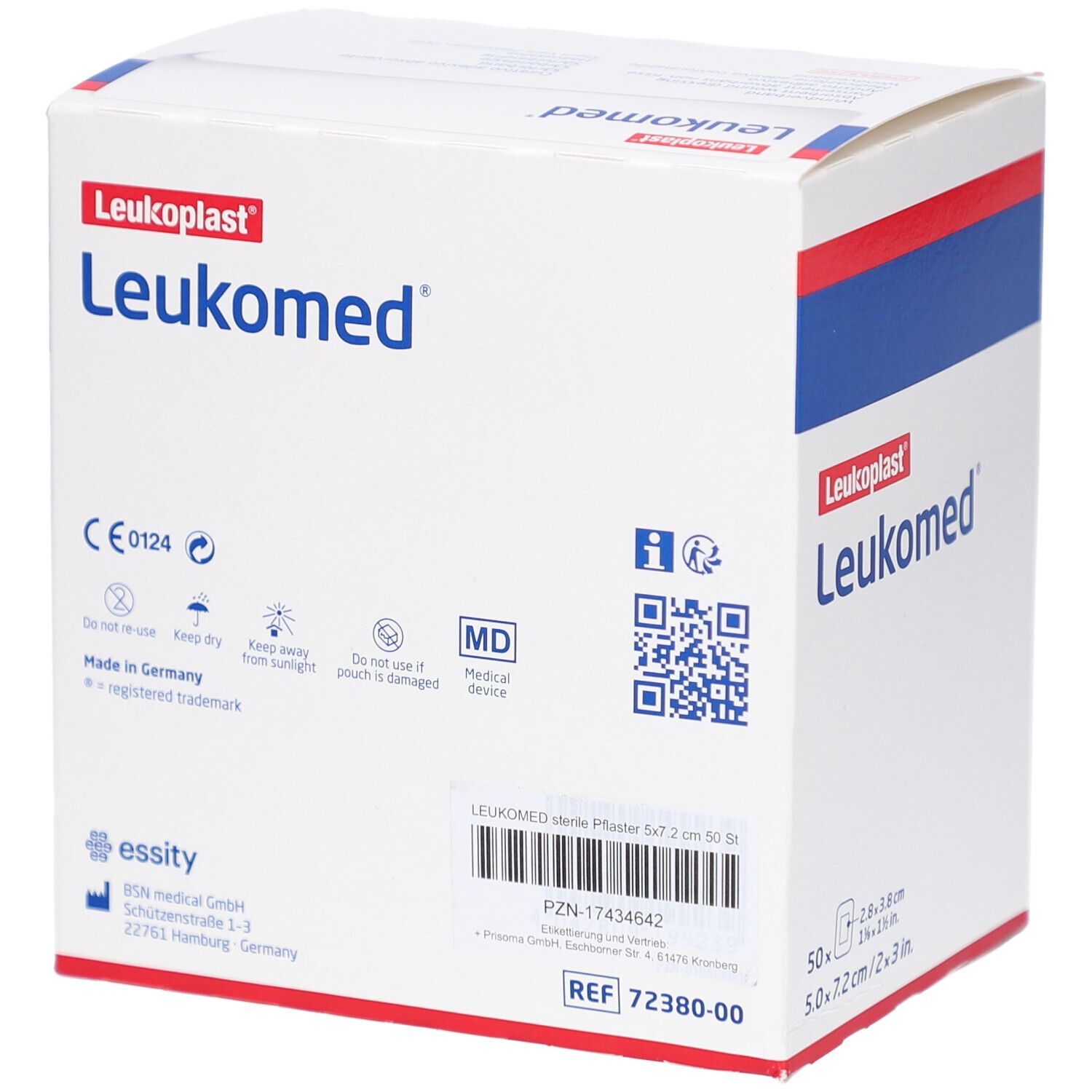 Weißer Karton mit roter und blauer Beschriftung. Aufschrift Leukomed und Leukoplast. Medizinprodukt. Enthält 50 sterile Wundverbände, 7,2 cm x 5 cm.