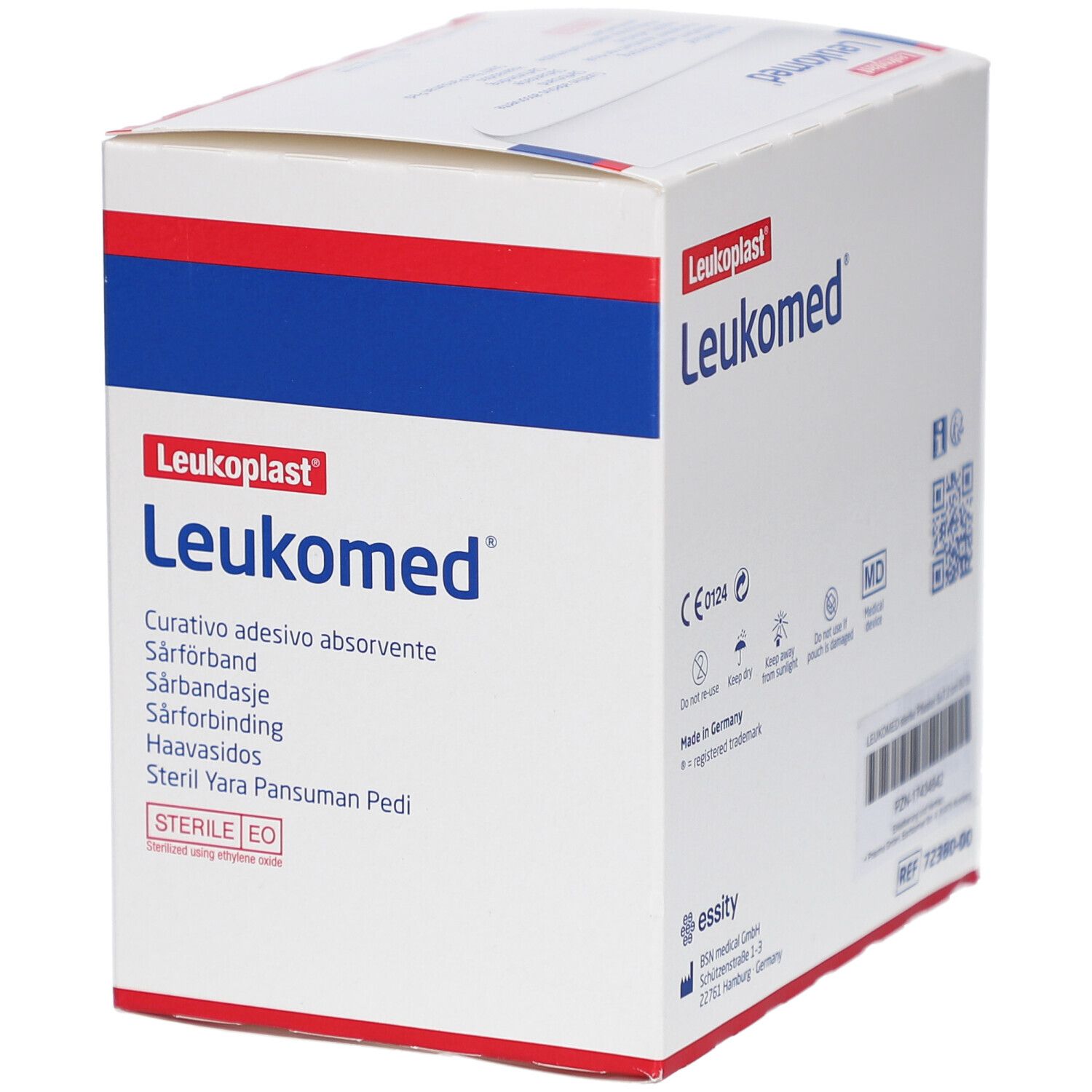 Weißer Karton mit roter und blauer Beschriftung. Aufschrift Leukomed und Leukoplast. Enthält 50 sterile Wundverbände, 7,2 cm x 5 cm.