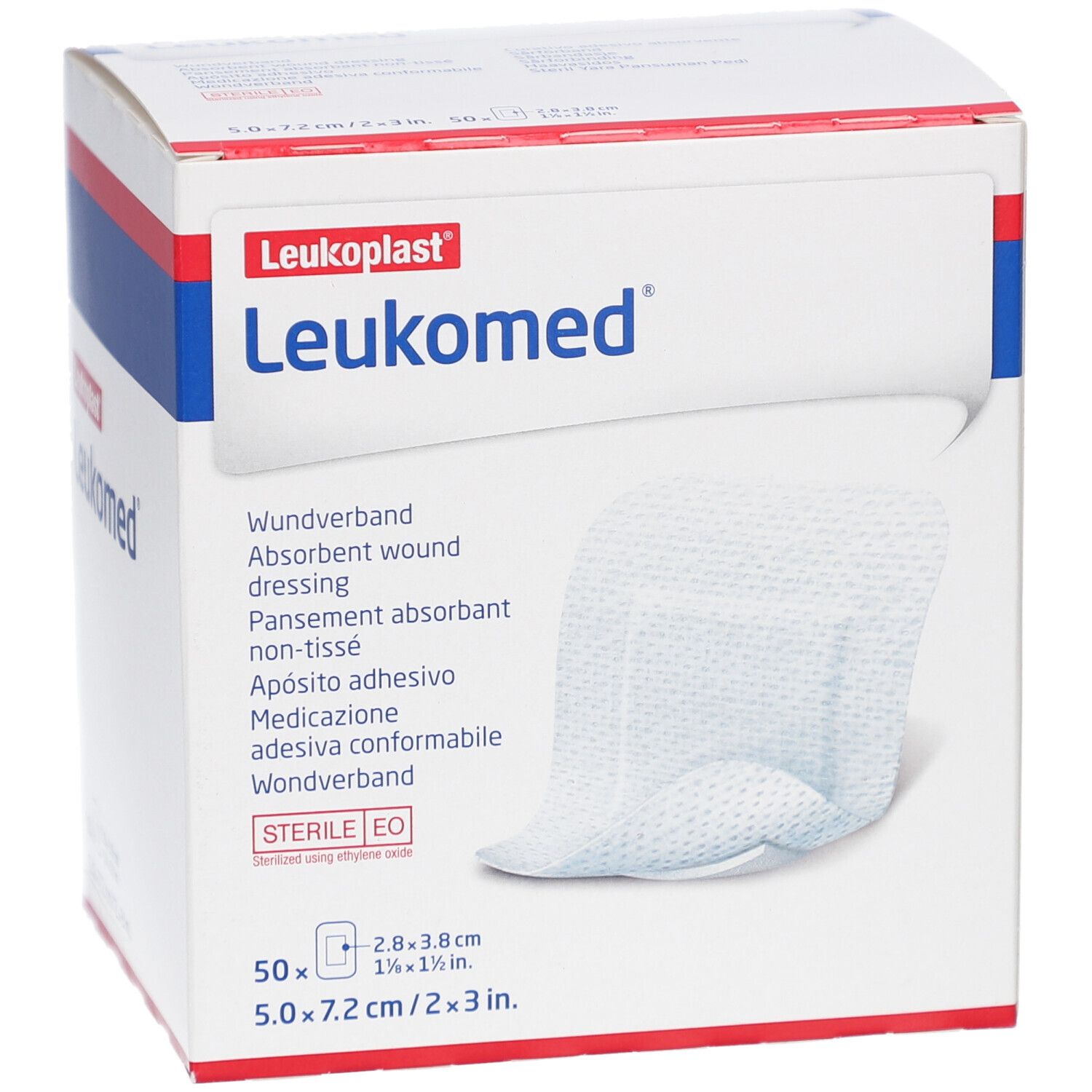 Weißer Karton mit roter und blauer Beschriftung. Aufschrift Leukomed und Leukoplast. Enthält 50 sterile Wundverbände, 7,2 cm x 5 cm.