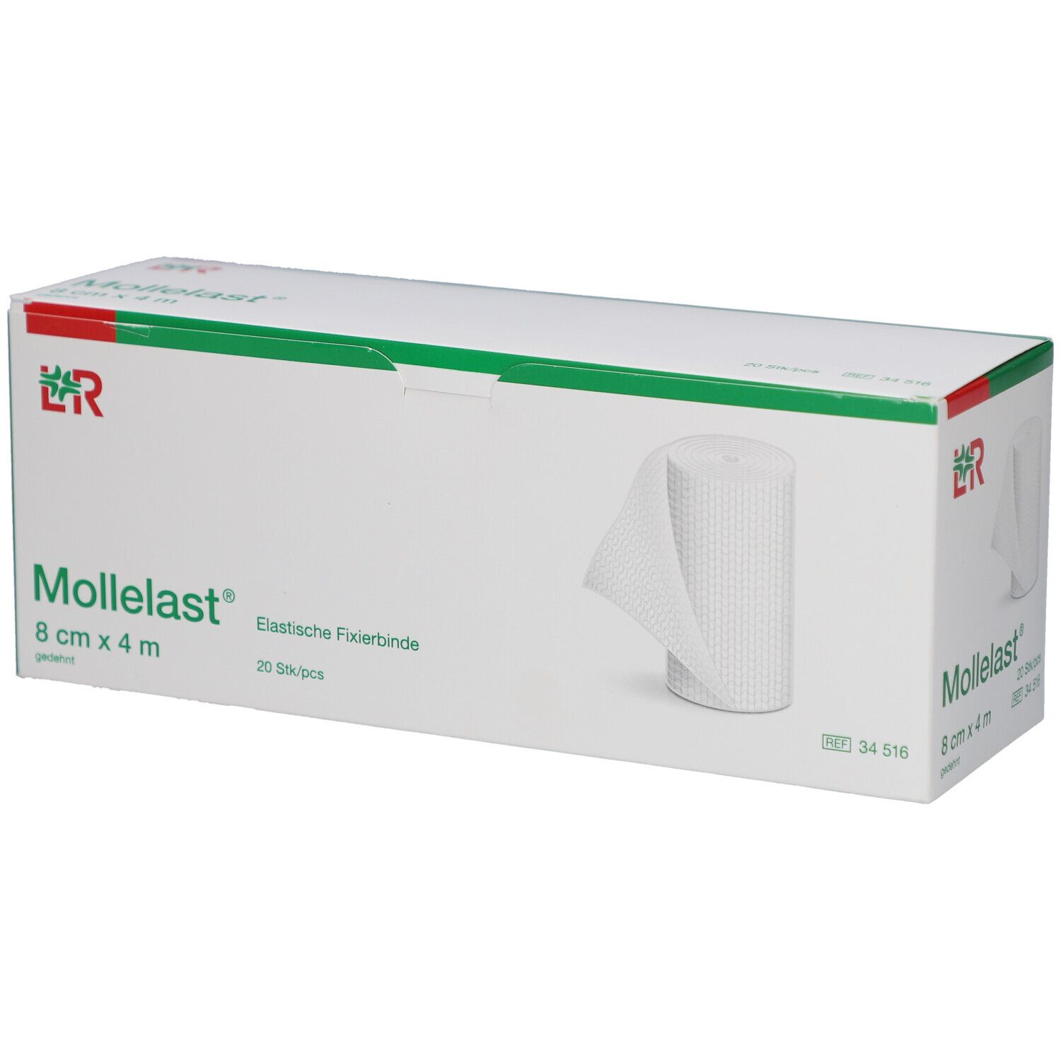 Weiße Fixierbinde in Kartonverpackung. Aufdruck: Mollelast®, 8 cm x 4 m. 20 Stück.