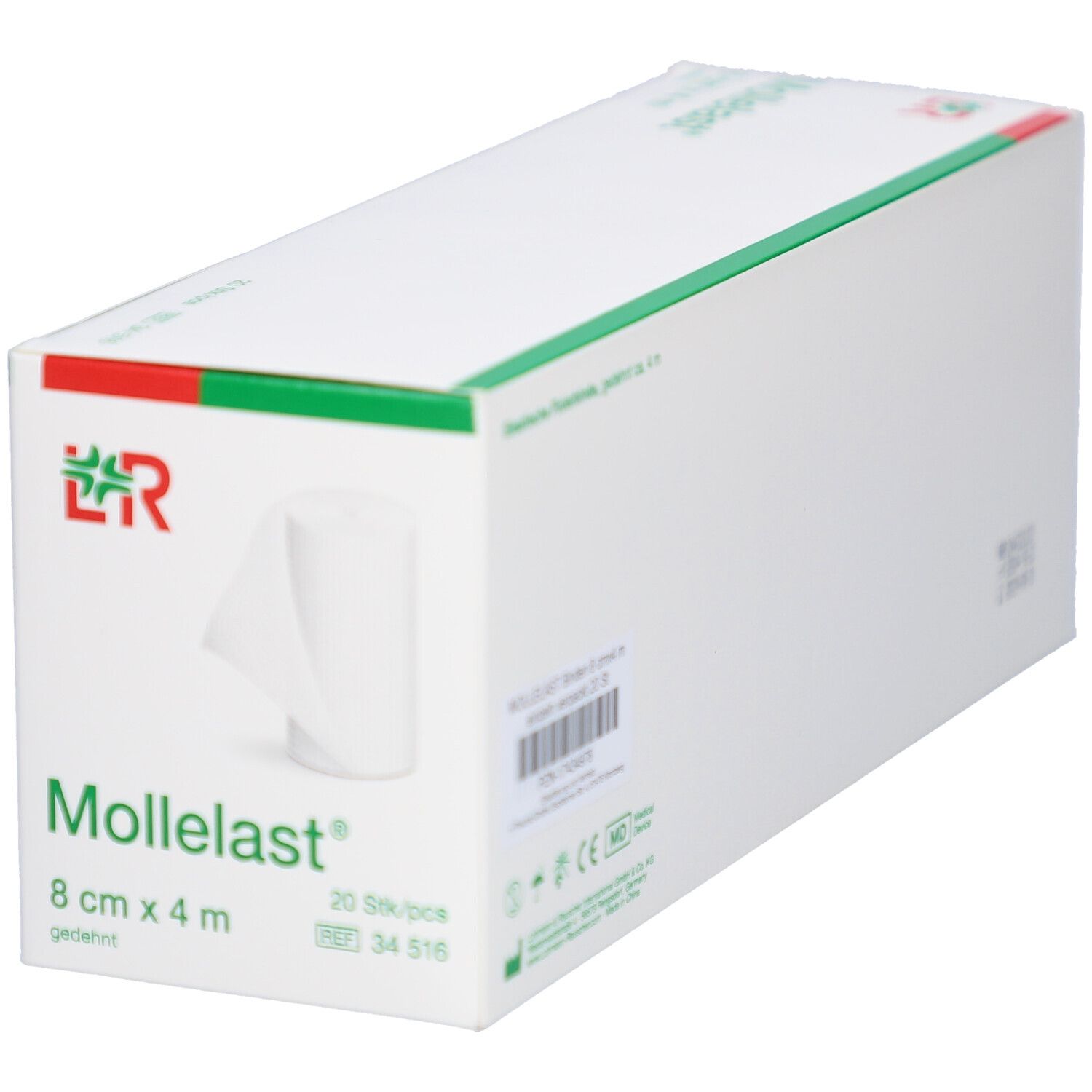 Kartonverpackung mit weißer Fixierbinde. Aufdruck: Mollelast®, 8 cm x 4 m. 20 Stück.