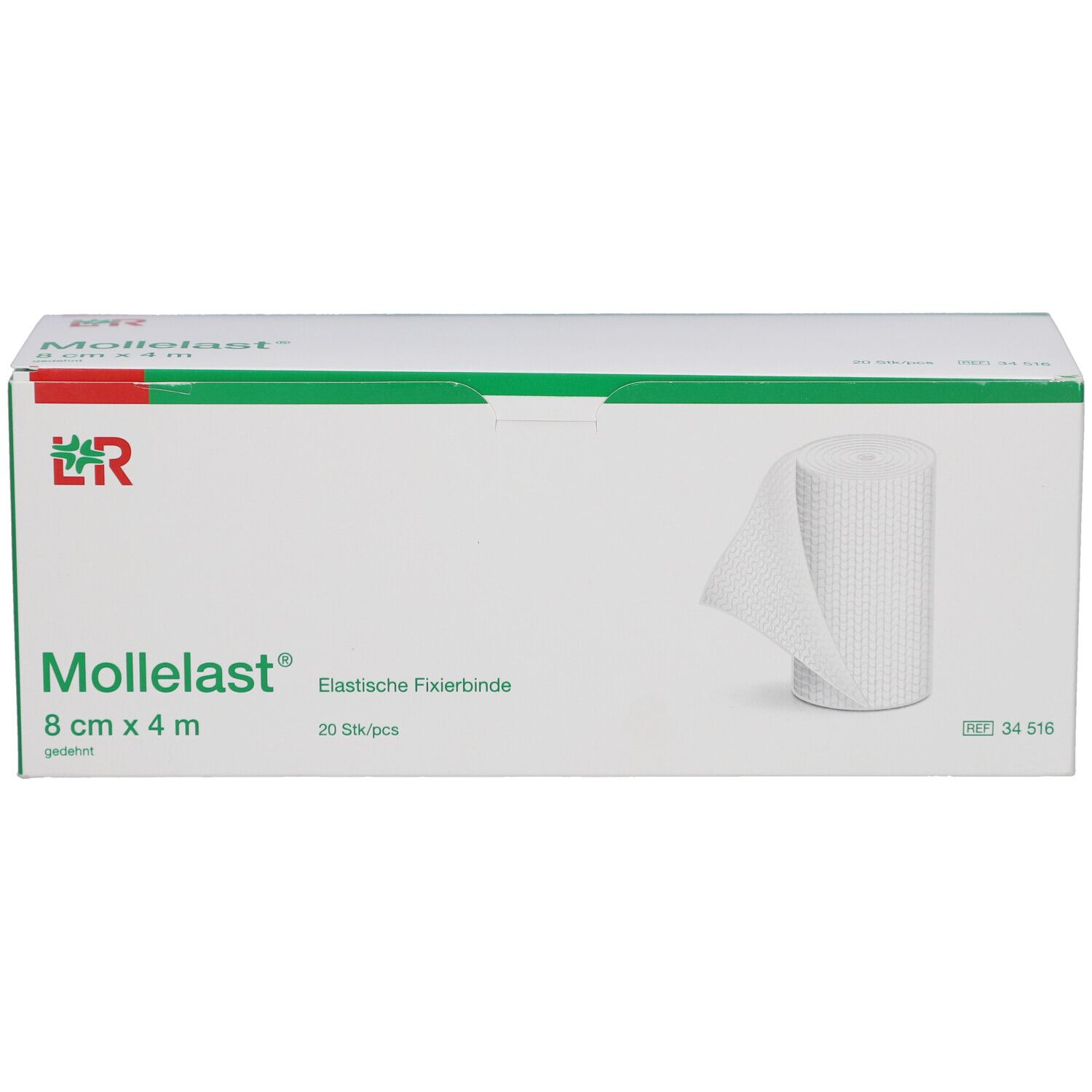 Kartonverpackung mit weißer Fixierbinde. Aufdruck: Mollelast®, 8 cm x 4 m. 20 Stück.