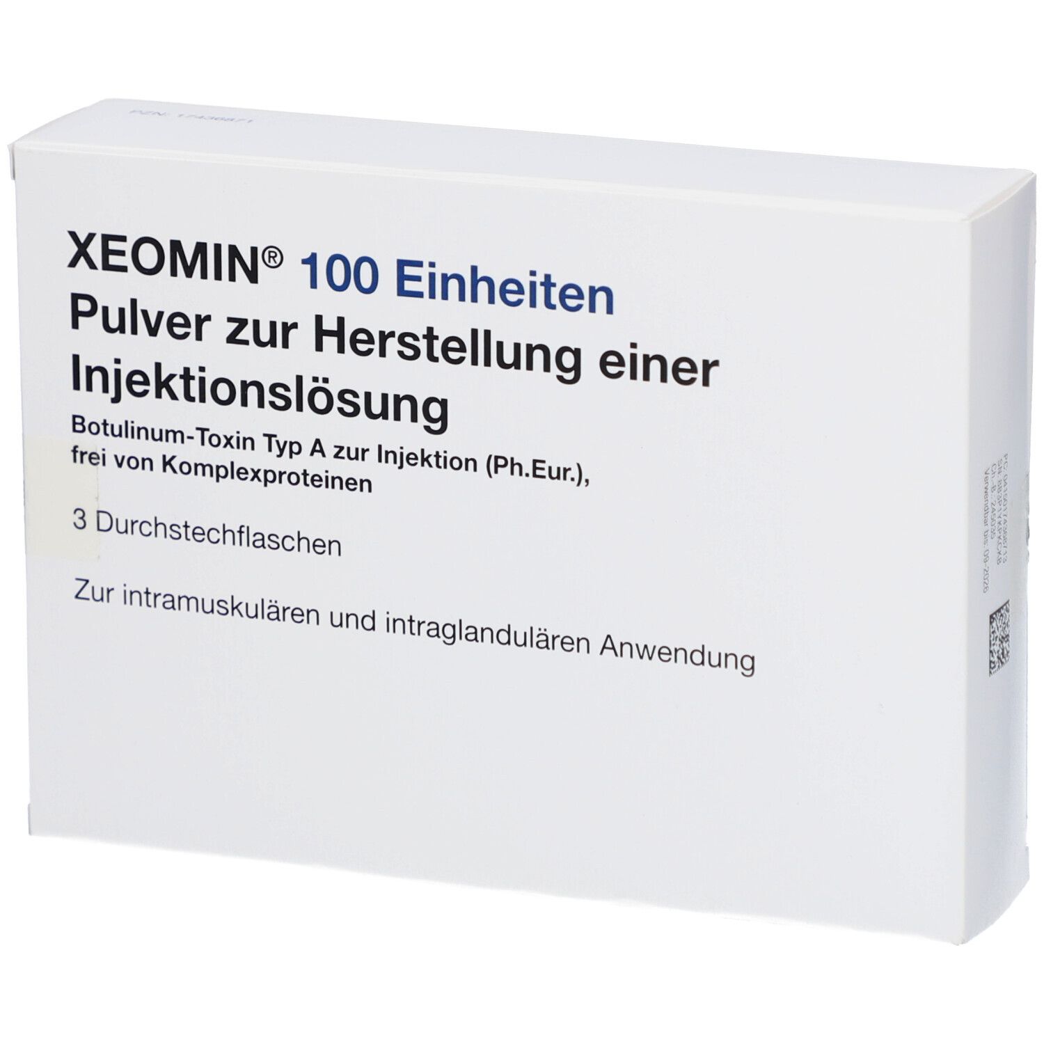 Weiße Schachtel mit XEOMIN 100 Einheiten. Pulver zur Herstellung einer Injektionslösung. 3 Durchstechflaschen.