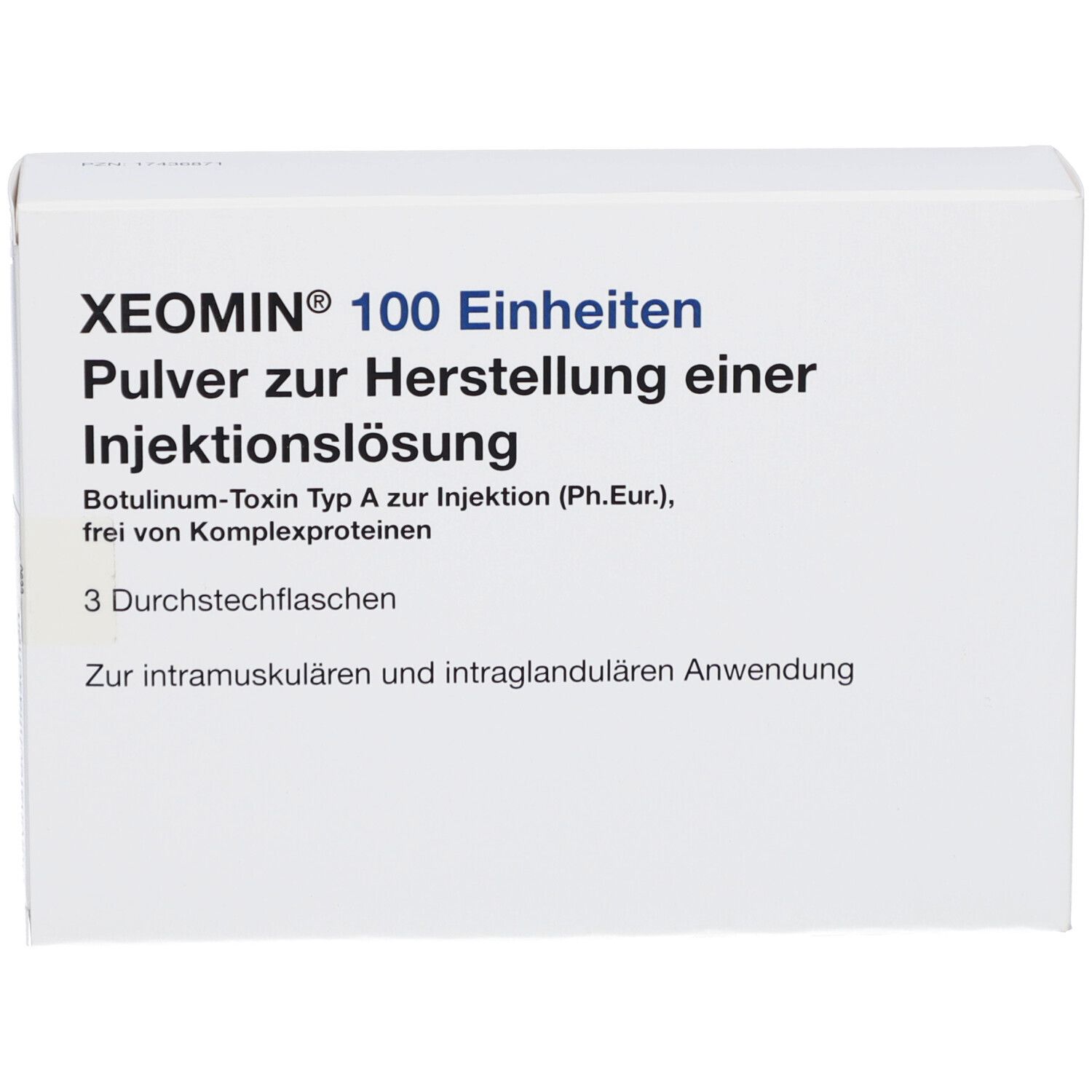 Weiße Schachtel mit XEOMIN 100 Einheiten. Pulver zur Herstellung einer Injektionslösung. 3 Durchstechflaschen.