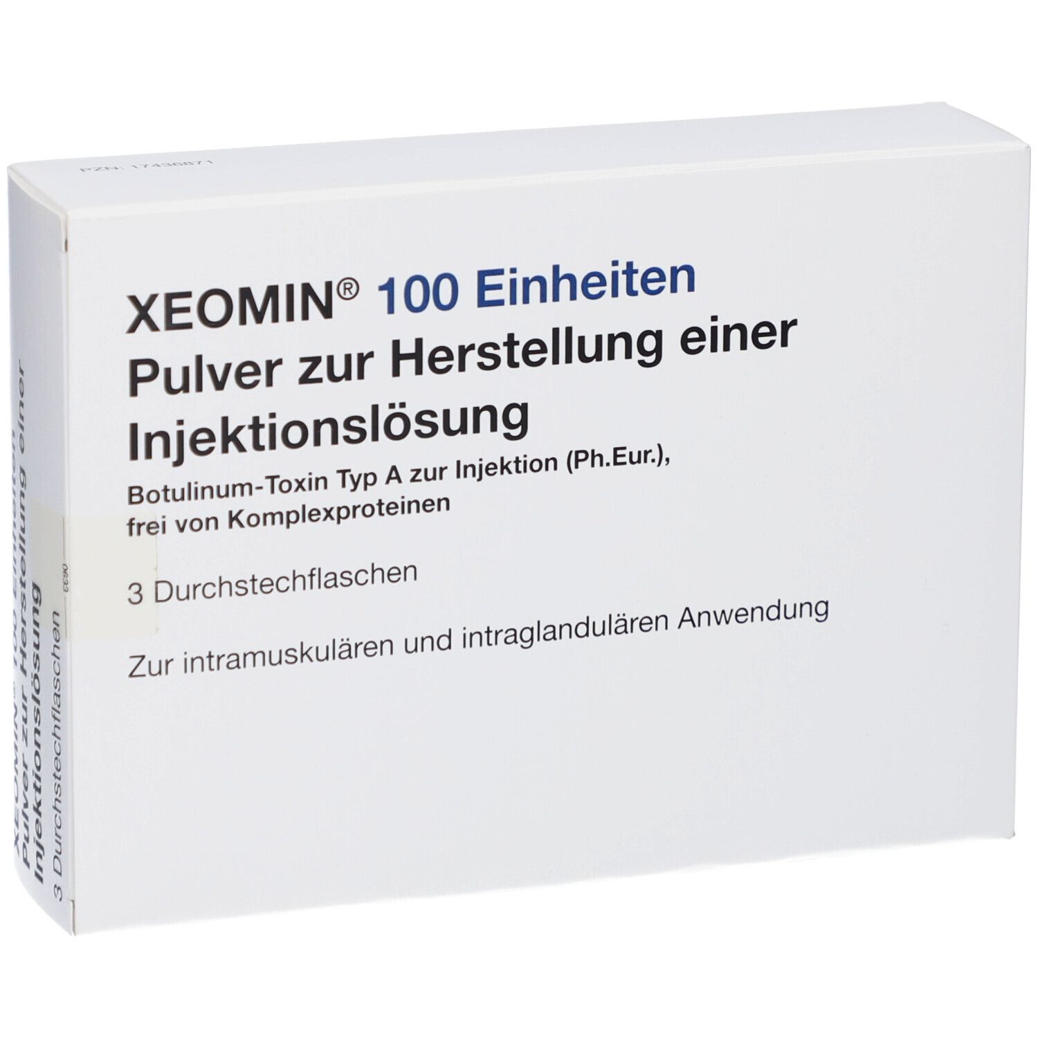 Weiße Schachtel mit XEOMIN 100 Einheiten. Pulver zur Herstellung einer Injektionslösung. 3 Durchstechflaschen.