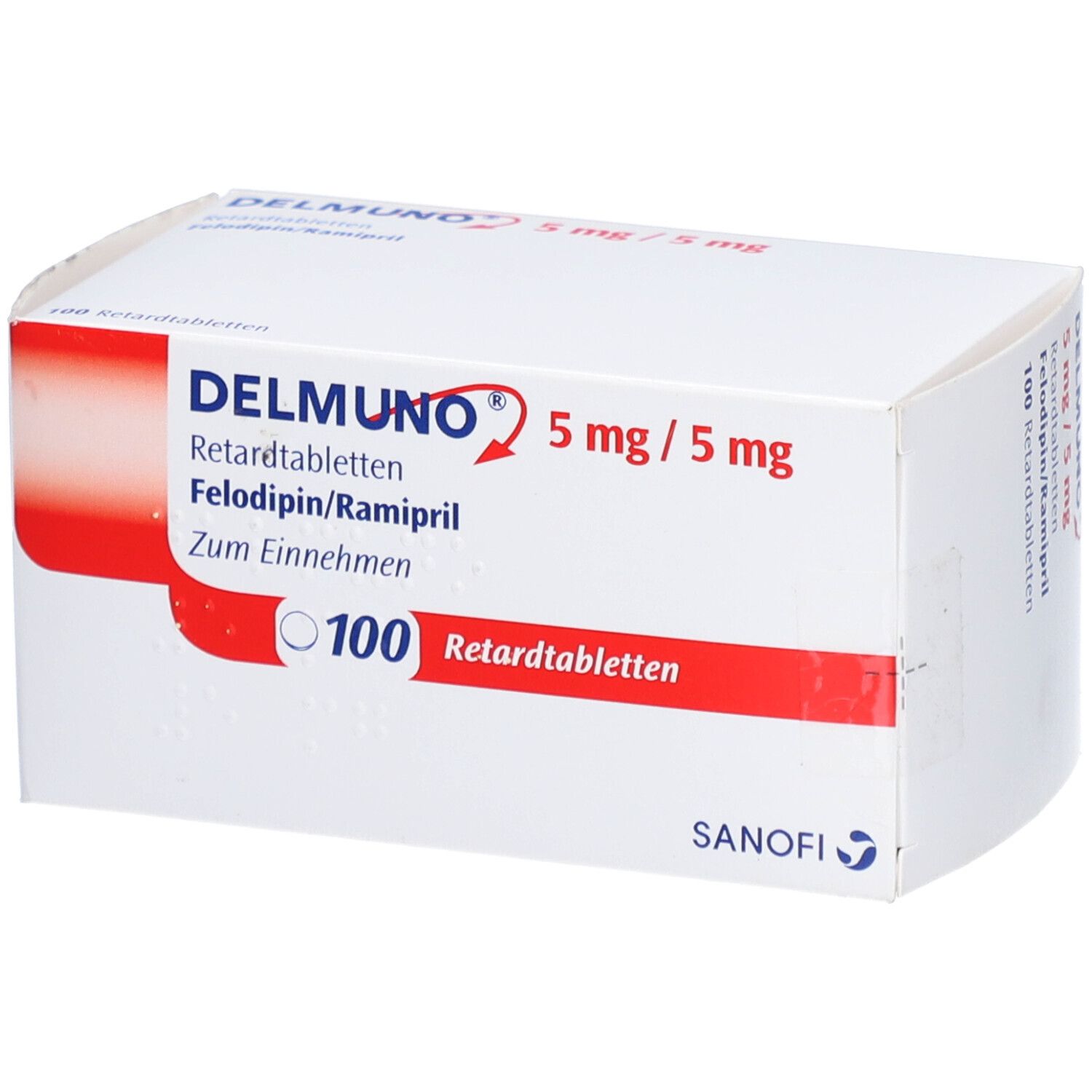 Schachtel mit DELMUNO 5/5 mg Retardtabletten. Aufschrift: 100 Retardtabletten. Sanofi-Logo.