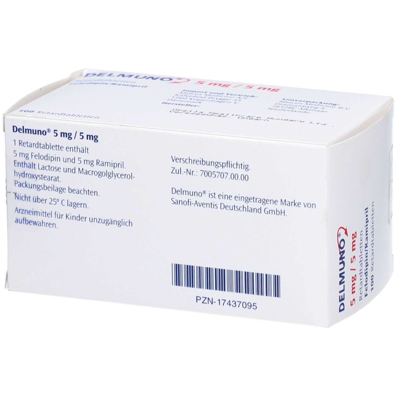 Rückseite der Schachtel DELMUNO 5/5 mg Retardtabletten. Textinformationen und Sanofi-Logo.