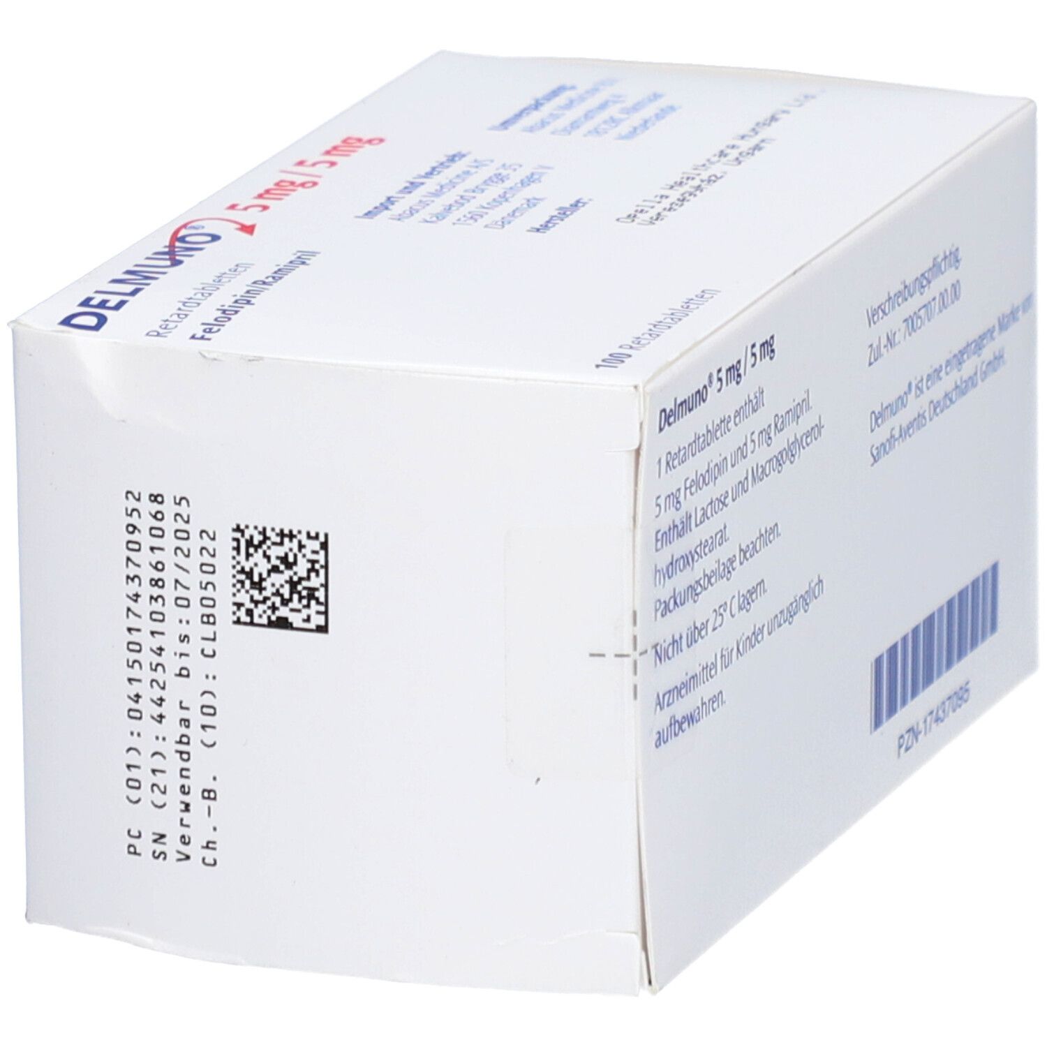 Schachtel DELMUNO 5/5 mg Retardtabletten. Seitenansicht mit Barcode und Text. Sanofi-Logo.