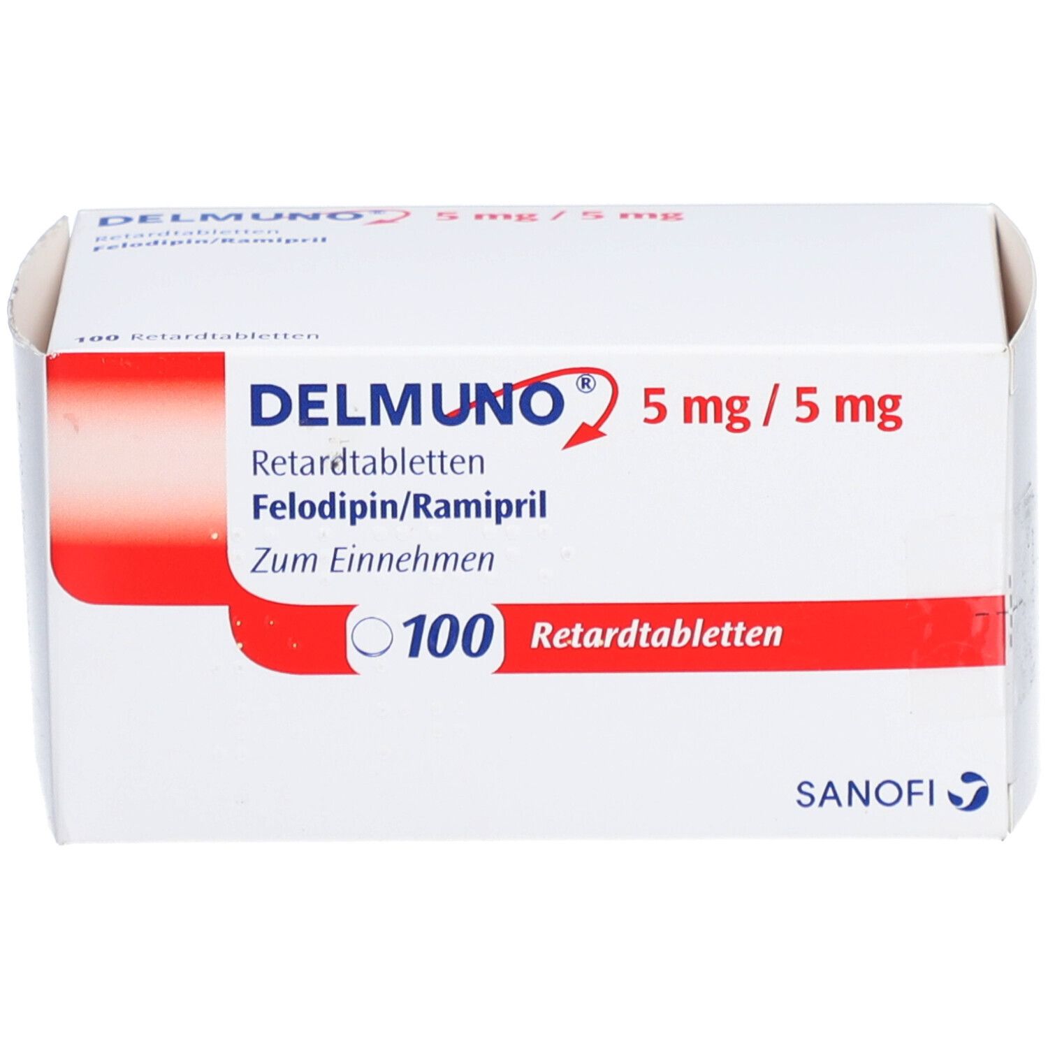 Schachtel mit DELMUNO 5/5 mg Retardtabletten. Aufschrift: 100 Retardtabletten. Sanofi-Logo.