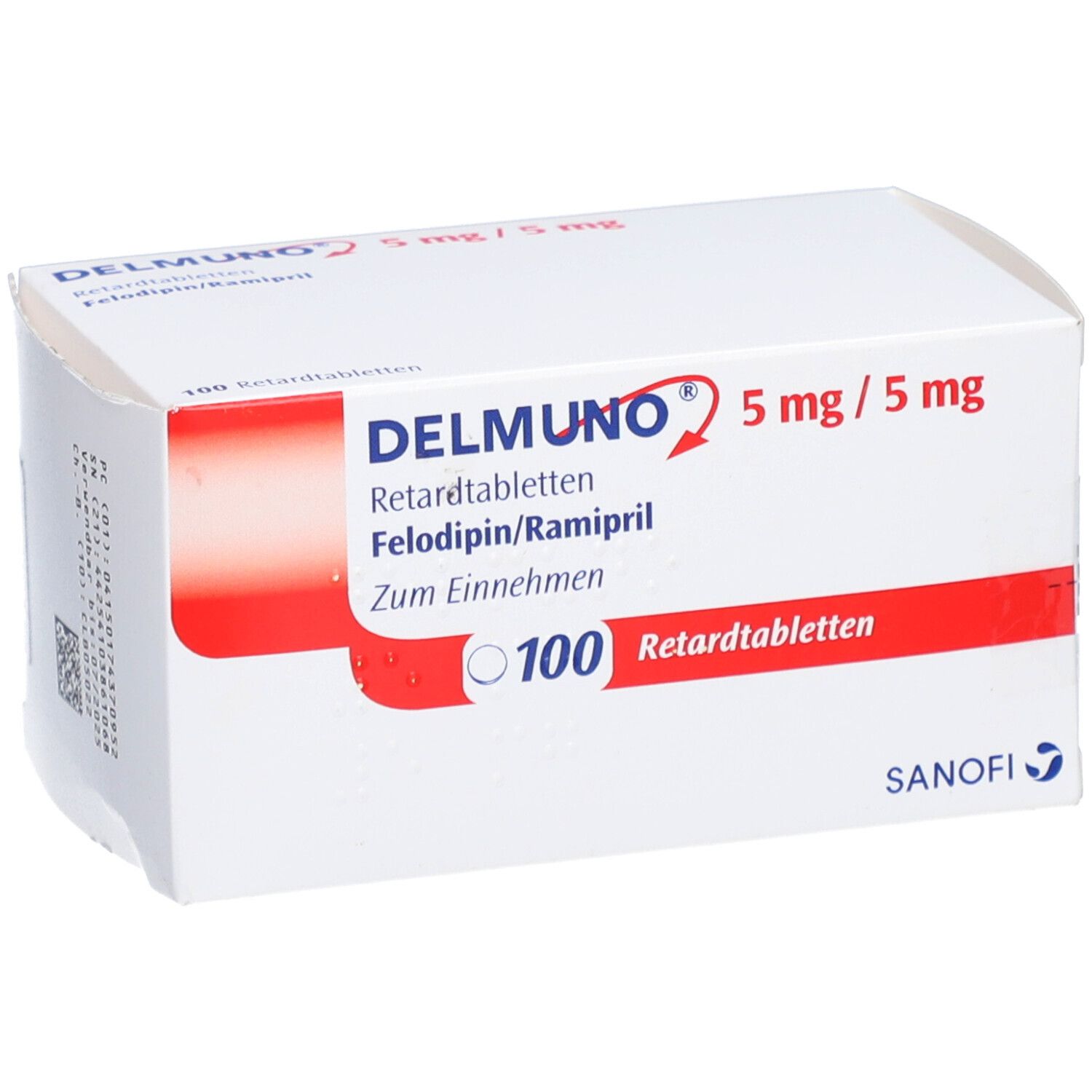 Schachtel mit DELMUNO 5/5 mg Retardtabletten. Aufschrift: 100 Retardtabletten. Sanofi-Logo.