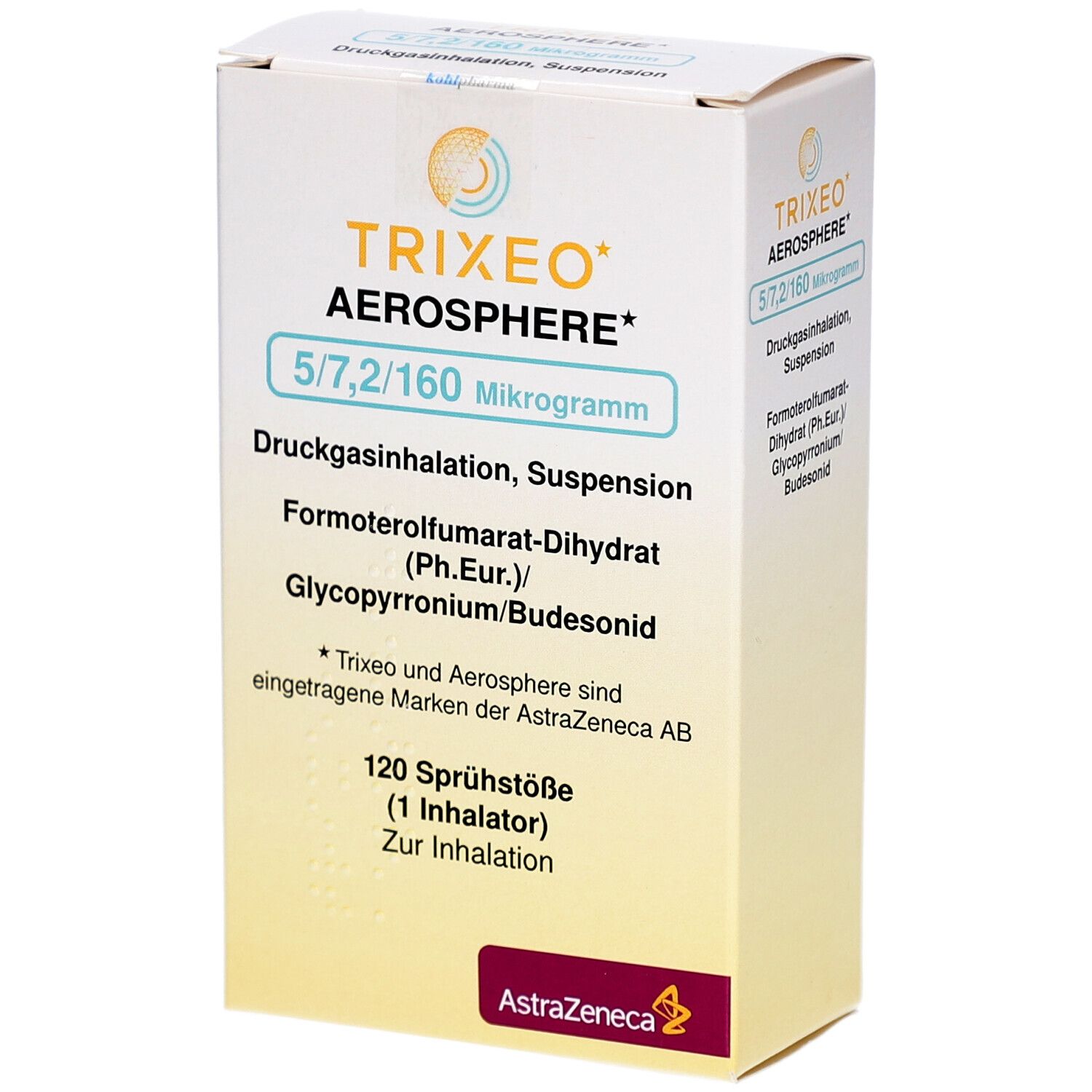 Verpackung von TRIXEO Aerosphere 5/7,2/160µg. Aufschrift: Druckgasinhalation, Suspension. AstraZeneca Logo.