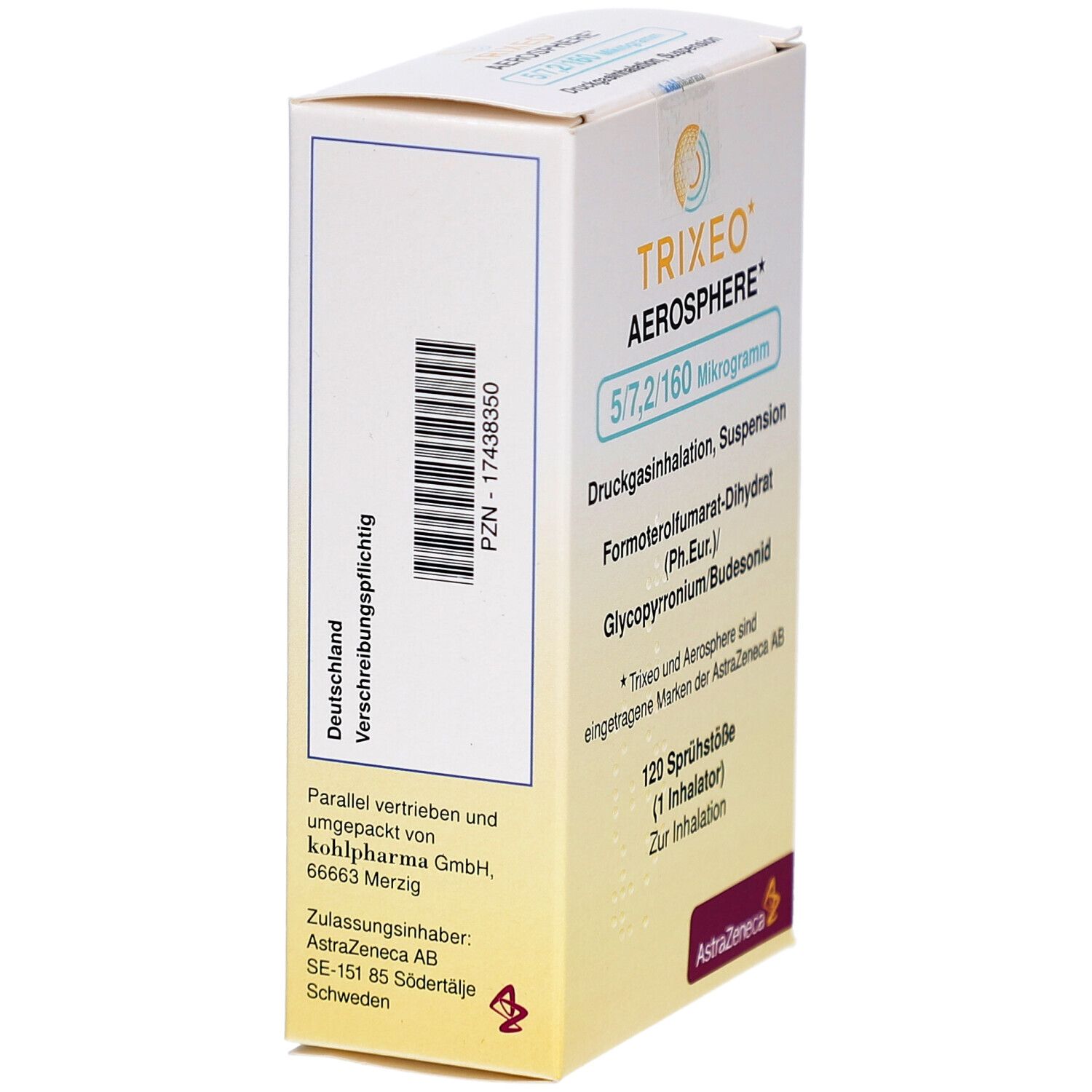 Seitenansicht der TRIXEO Aerosphere Verpackung. Text: Deutschland, PZN-17438350. AstraZeneca Logo.