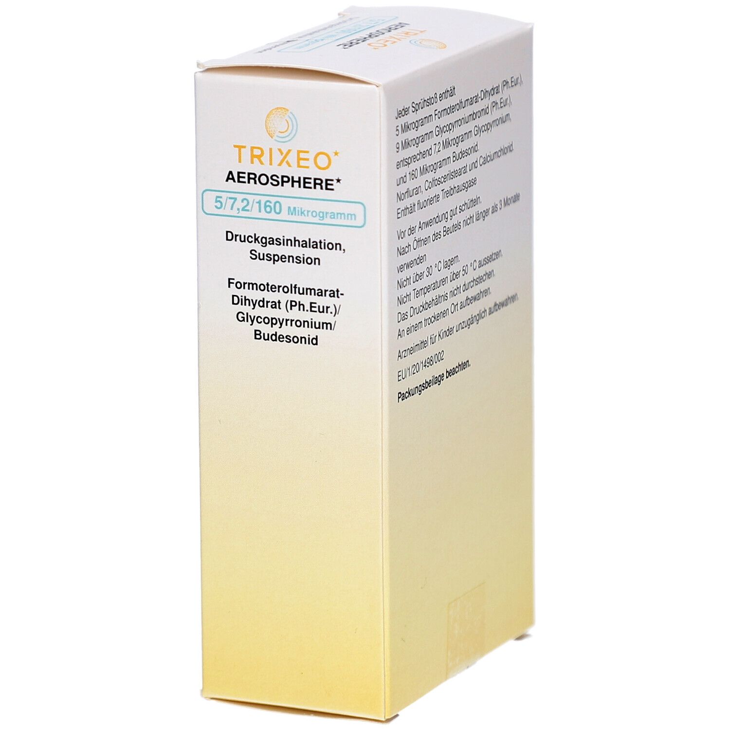 Schräge Ansicht der TRIXEO Aerosphere Verpackung. Text: Druckgasinhalation, Suspension. AstraZeneca Logo.