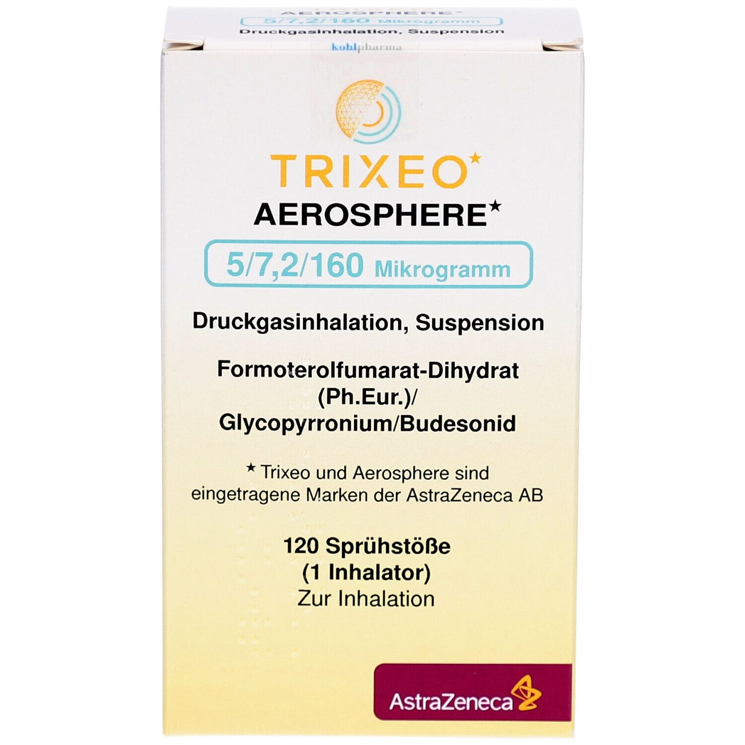 Vorderansicht der TRIXEO Aerosphere Verpackung. Text: 5/7,2/160 Mikrogramm, 120 Sprühstöße. AstraZeneca Logo.